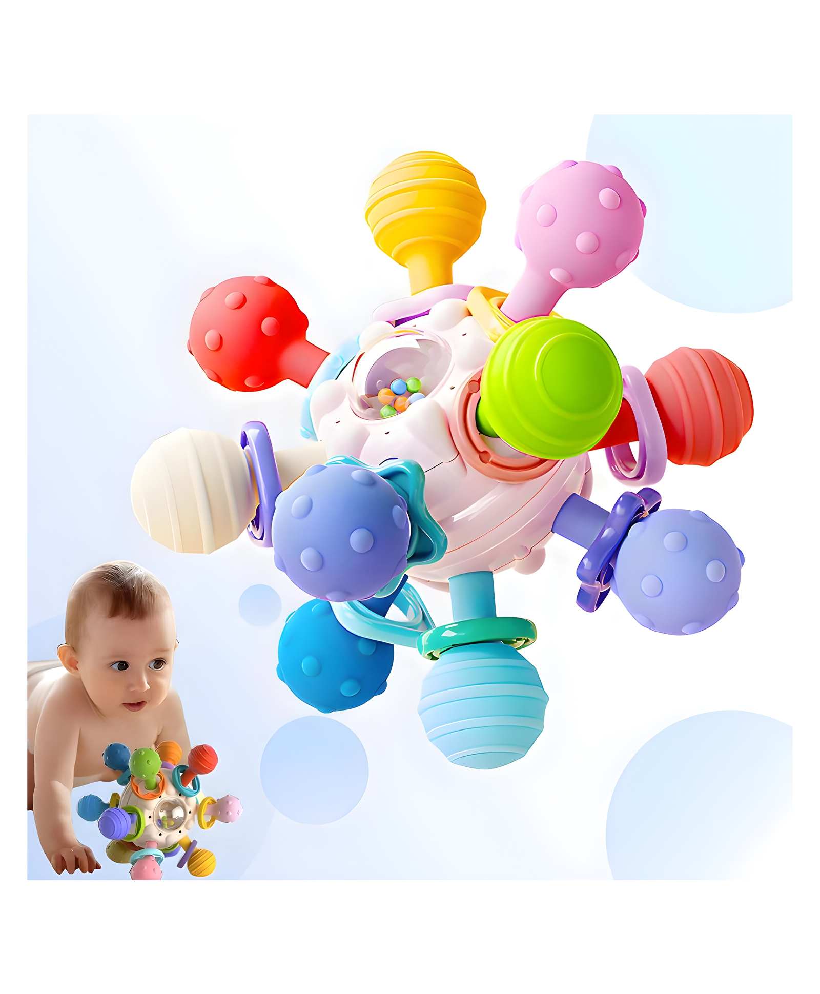 YAMAMA Baby Teether Toy Ball | Safe Chewable Baby Tooth Toy | Infant Sensory Training Game | Colorful Soft Silicone Baby Teether | Hand Grabbing Ball Baby Rattle Toys - (Pack of 1 - Color May Vary)-picture-22