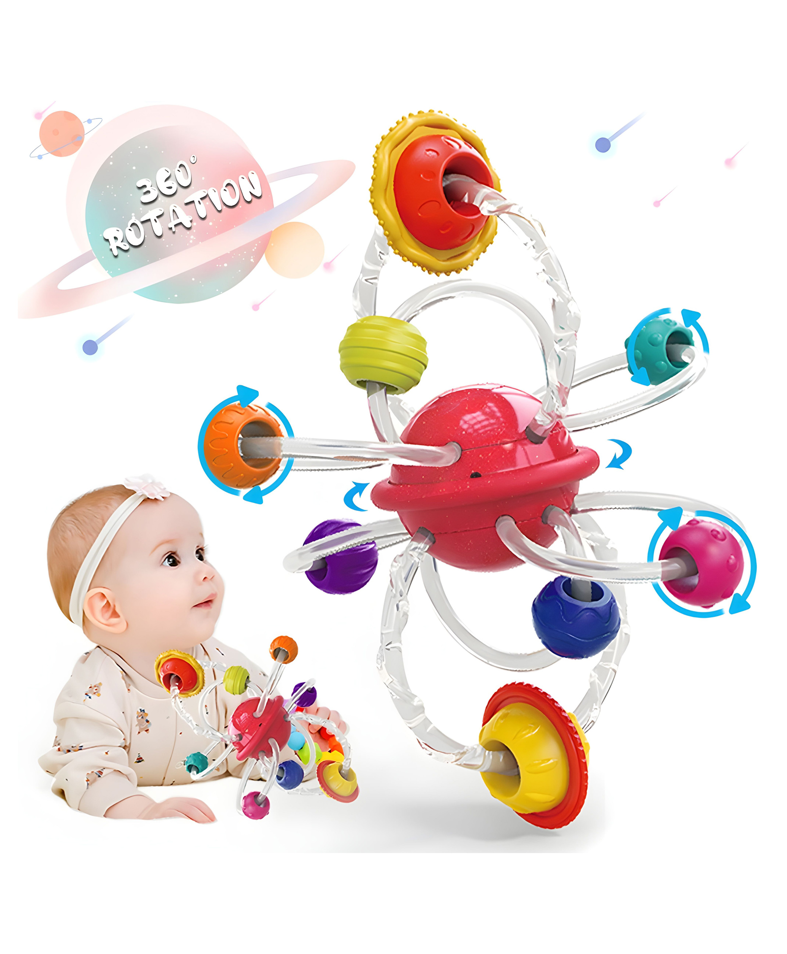 YAMAMA Planet Catching Ball Toy For Babies, Baby Teething Toys, Hand Teether Grasp Chew Toy, Sensory Learning Infant Loop Toy Rattle Ball - Multicolor-image-18
