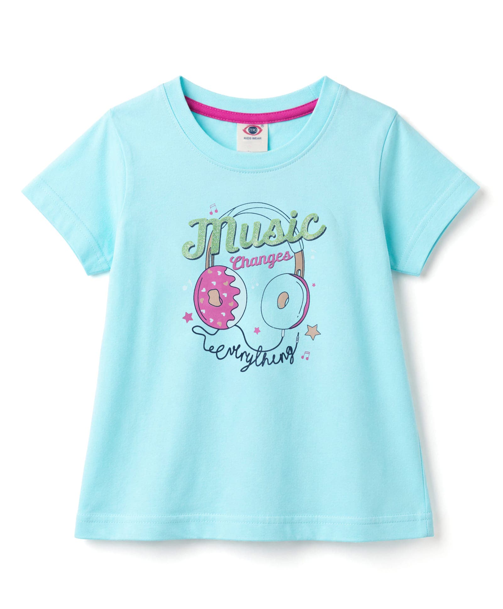 Zero Sinker Knit T-Shirt with Half Sleeves and Music Changes Everything Print in Aqua Blue-picture-34