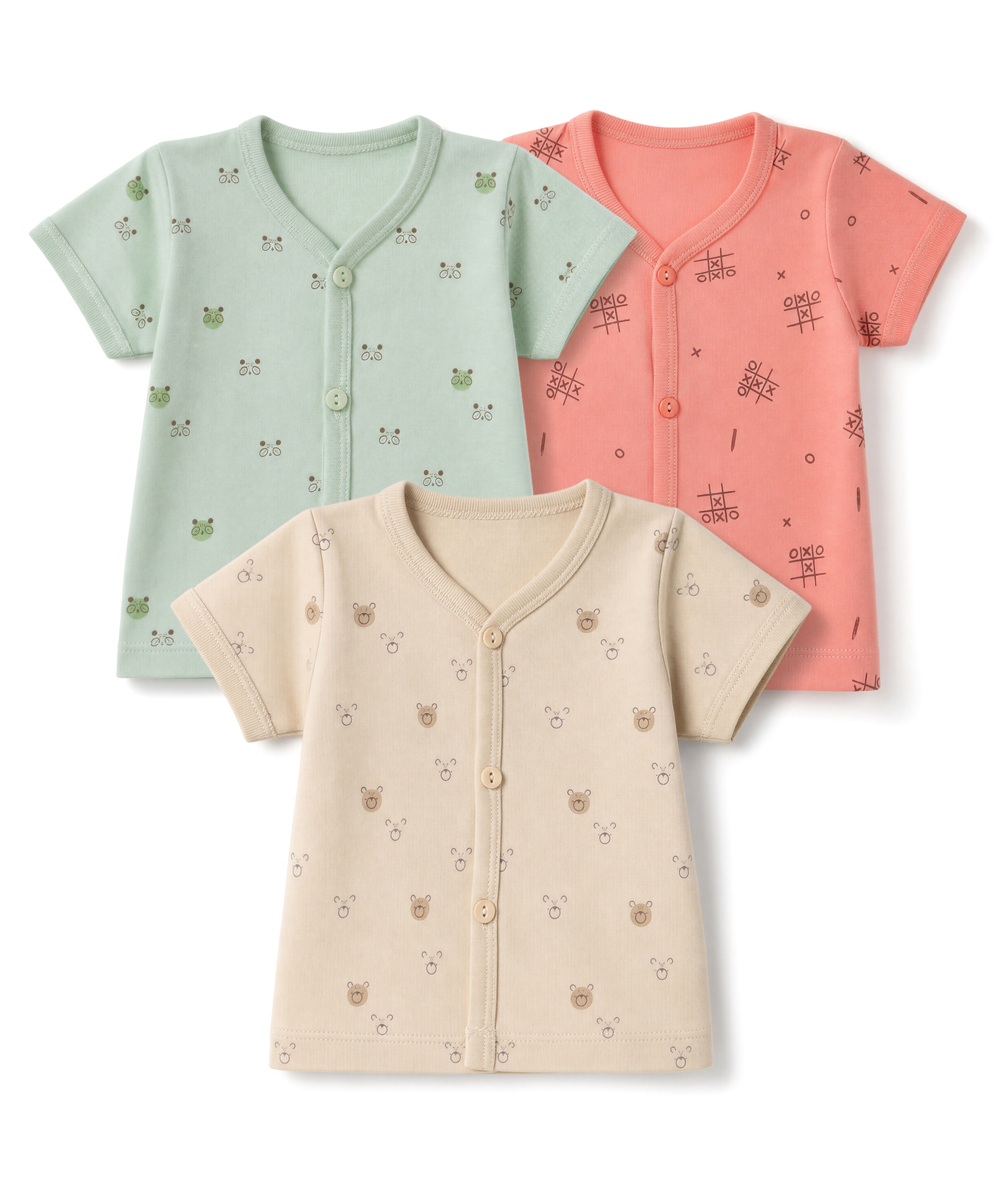 Zero Sinker Knit Half Sleeves Jhablas With Teddy Bear & Tic Tac Toe Print Pack of 3 - Beige, Green & Red-picture-37
