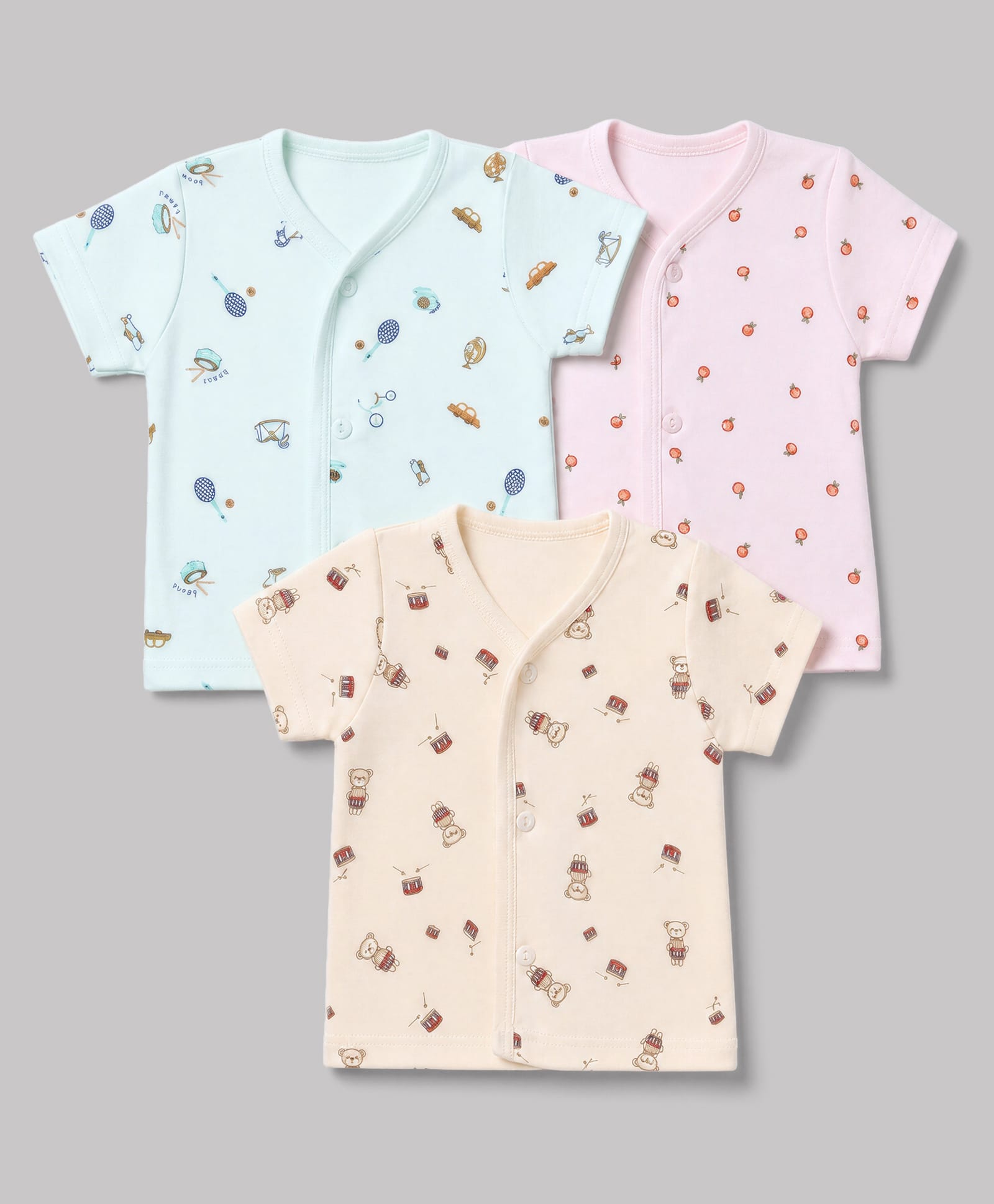 Zero Sinker Knit Half Sleeves Jhablas With Cherry & Bear Print Pack Of 3 - Light Peach & Sea Green-picture-4