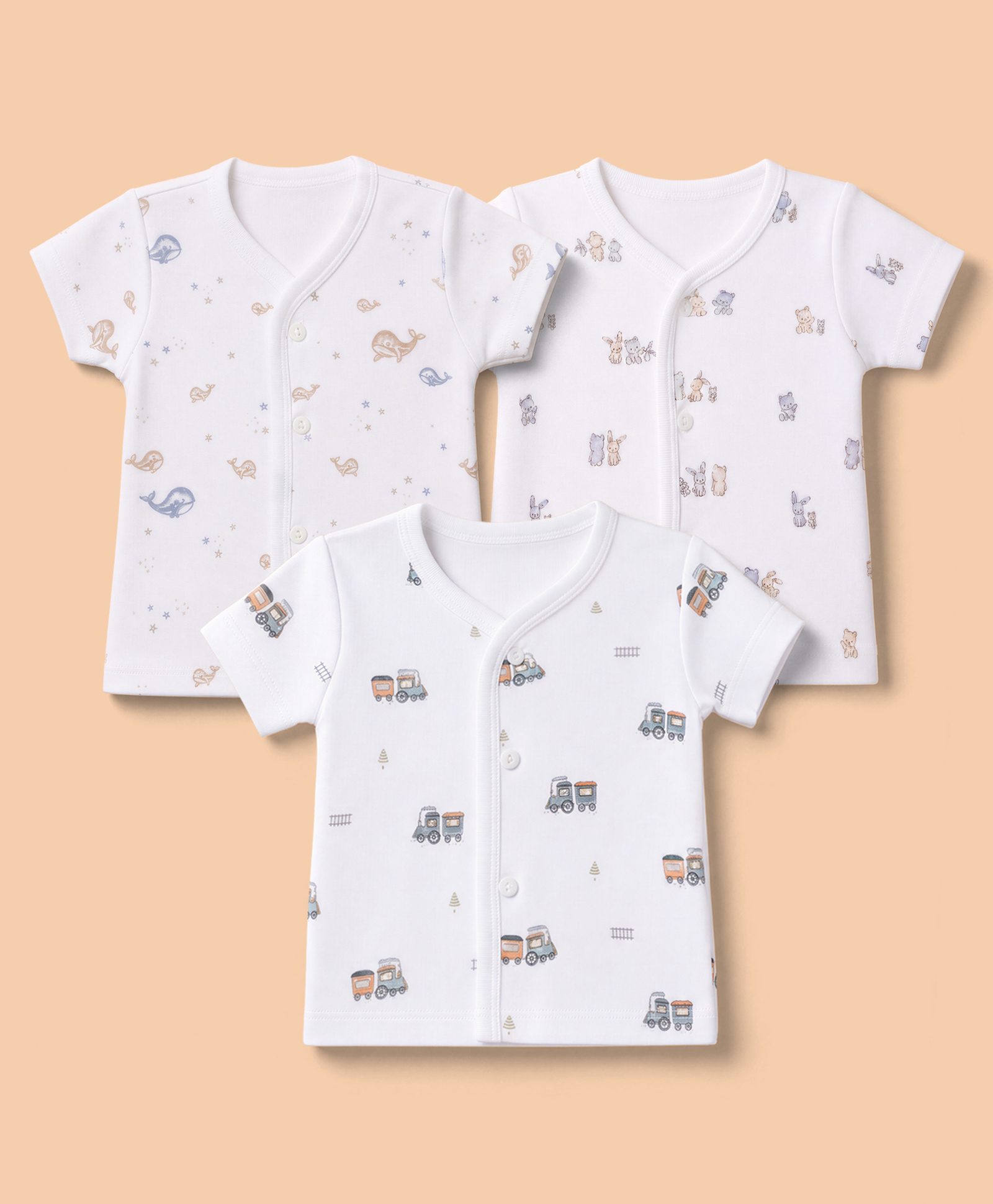 Zero Sinker Knit Half Sleeves Jhablas With Engine ,Teddy & Rabbit , Whale & Kangaroo Print Pack of 3 - White-picture-24