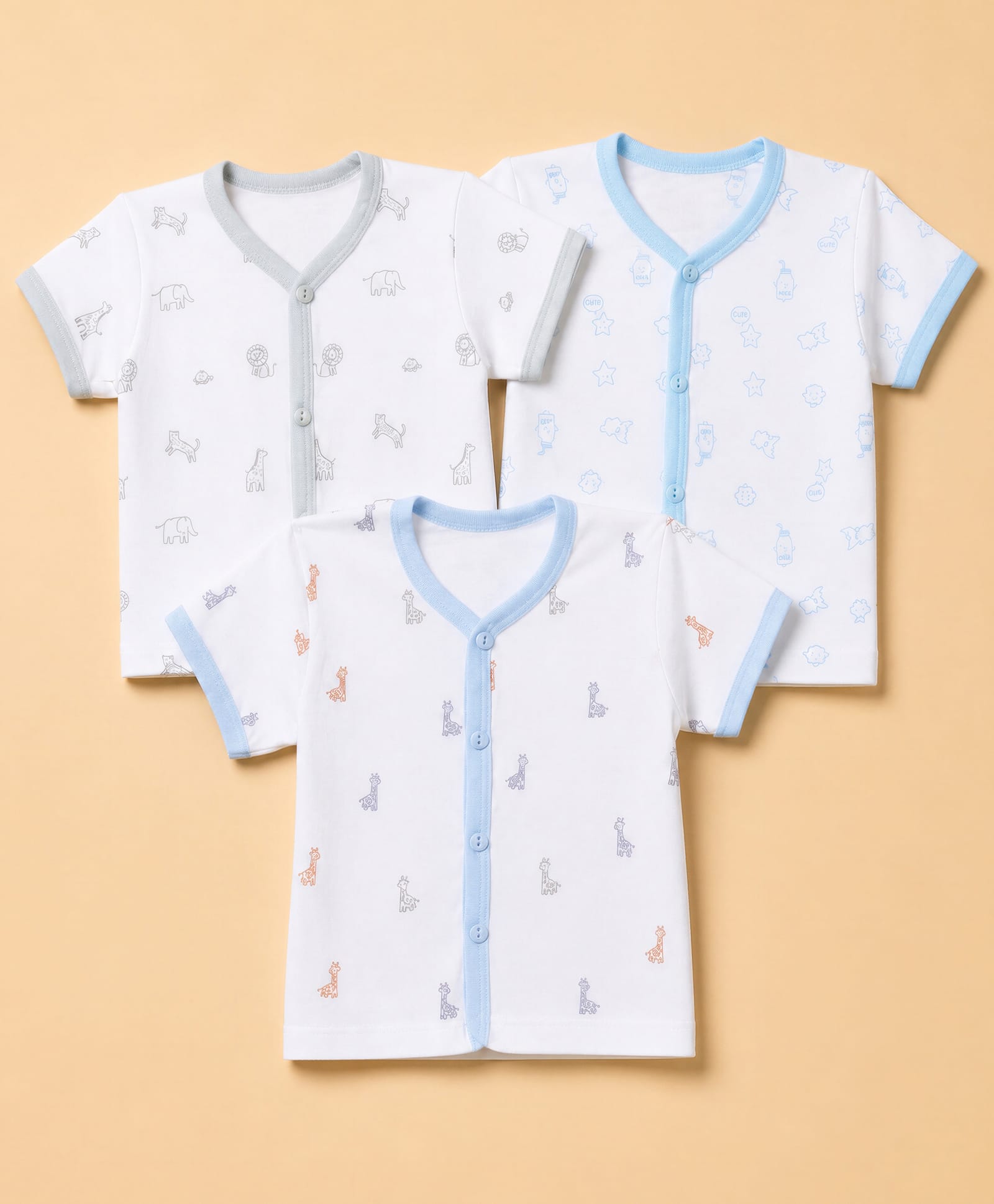 Zero Sinker Knit Half Sleeves Jhablas With Animal Print Set of 3 - White & Aqua Blue-image-28