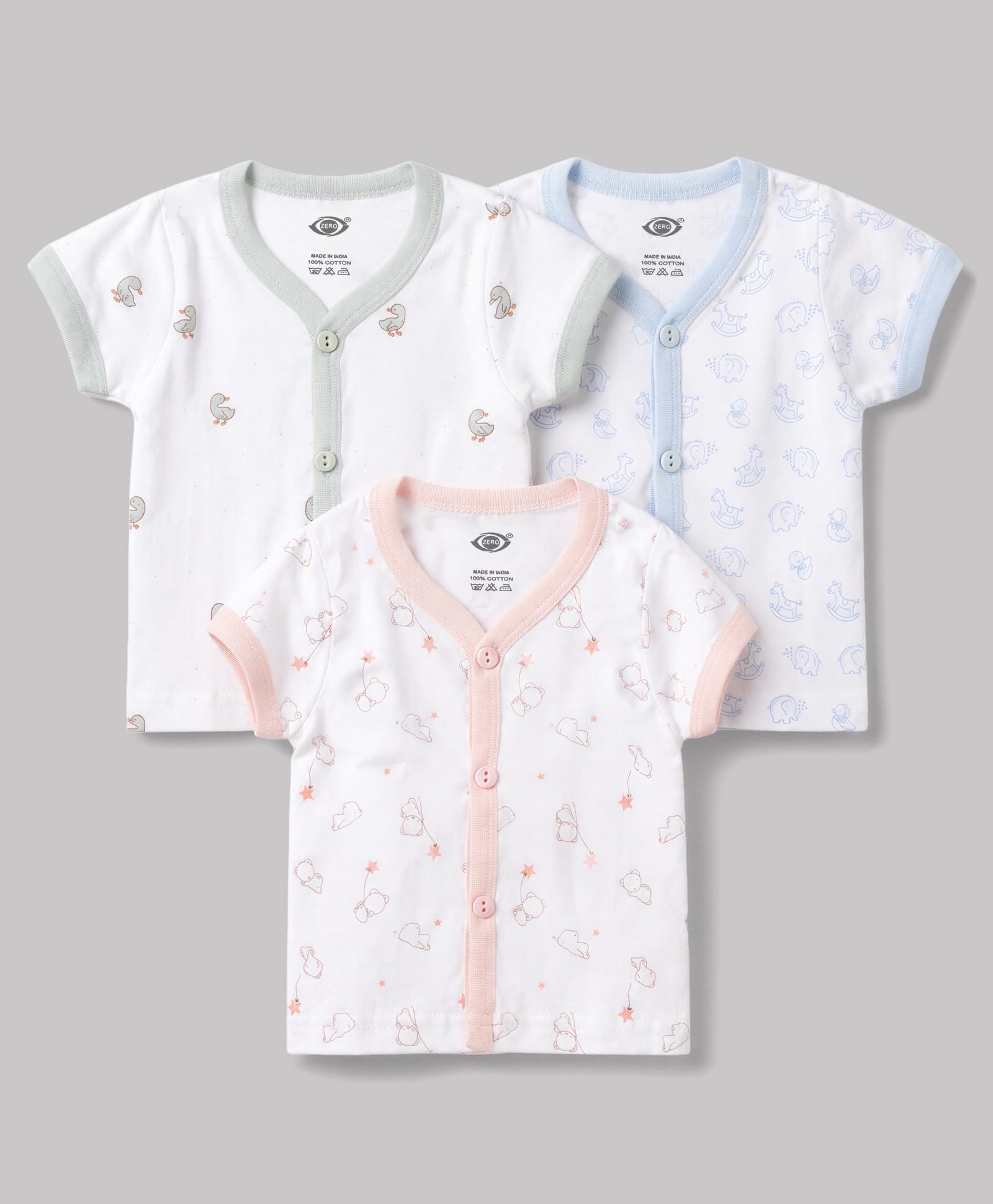 Zero Sinker Knit Half Sleeves Jhablas With Animal Print Pack Of 3 - Sea Green, Pink & Light Blue-picture-3
