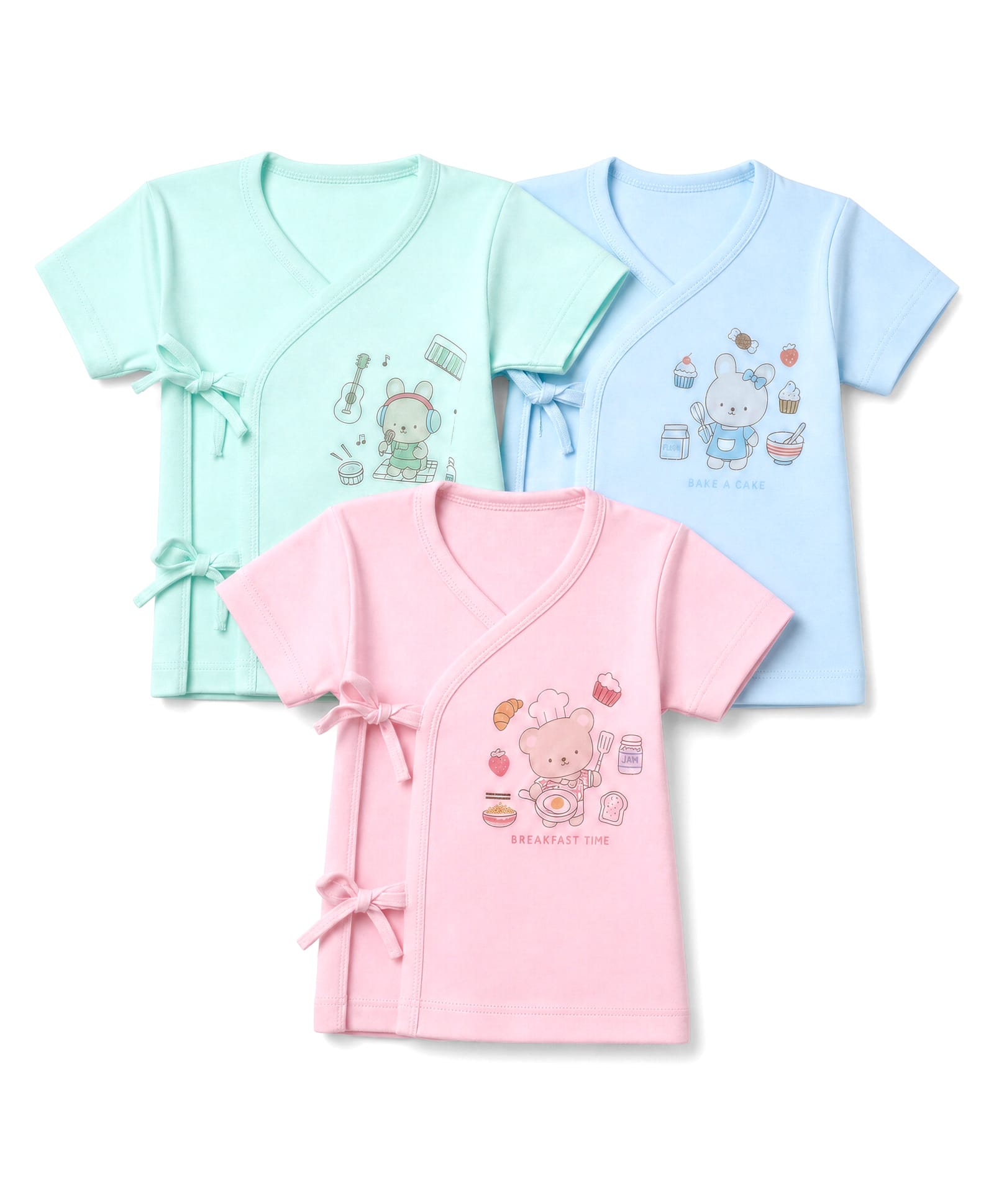 Zero Sinker Knit Half Sleeves Jhablas With Teddy Bear Print Pack of 3 - Green, Pink & Aqua Blue-picture-13