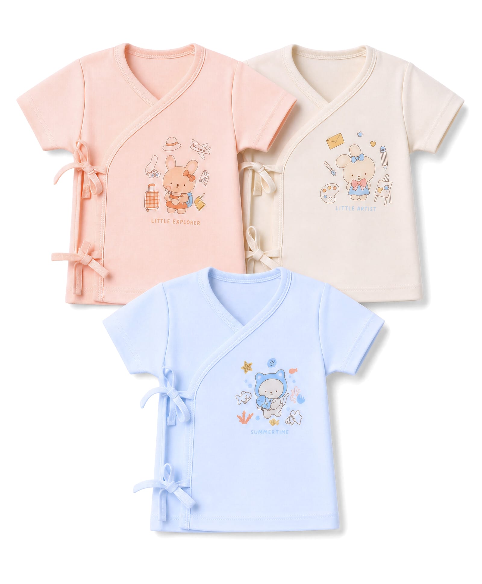 Zero Sinker Knit Half Sleeves Jhablas With Teddy Print Pack of 3 - Orange, Sky & Beige-image-25