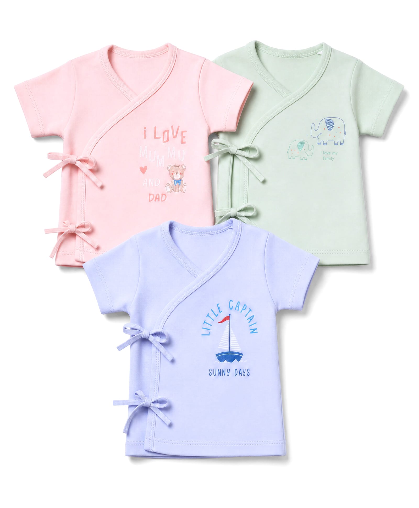Zero Sinker Knit Half Sleeves Jhablas With Teddy Bear, Elephant & Boat Print Pack of 3 - Peach, Mint & Sky-image-12