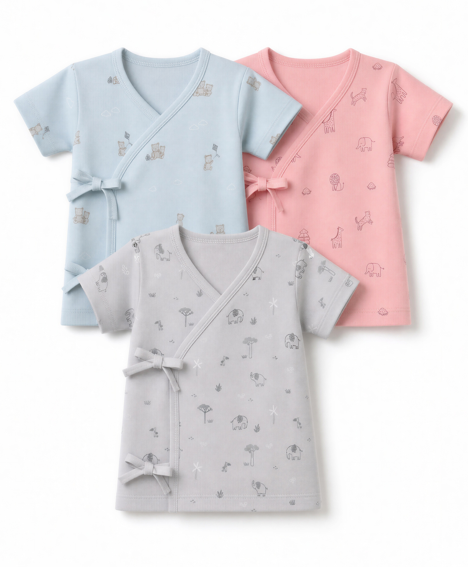 Zero Sinker Knit Half Sleeves Jhablas With Teddy Bear & Elephant Print Pack of 3 - Peach, Blue & Sliver-picture-27