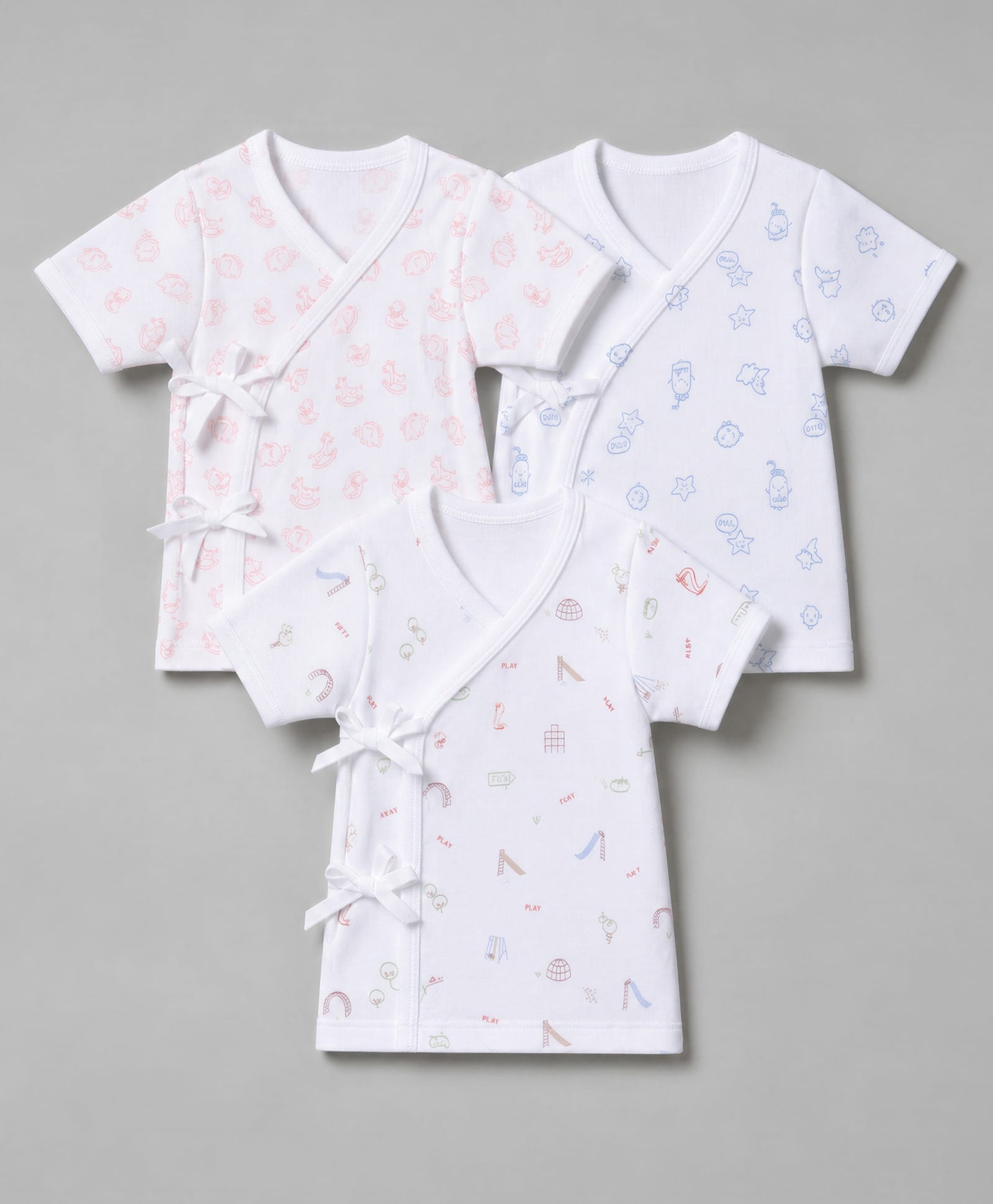 zero sinker knit half sleeves jhablas with feeder bottle & star, horse & elephant, play & slide print pack of 3 - white