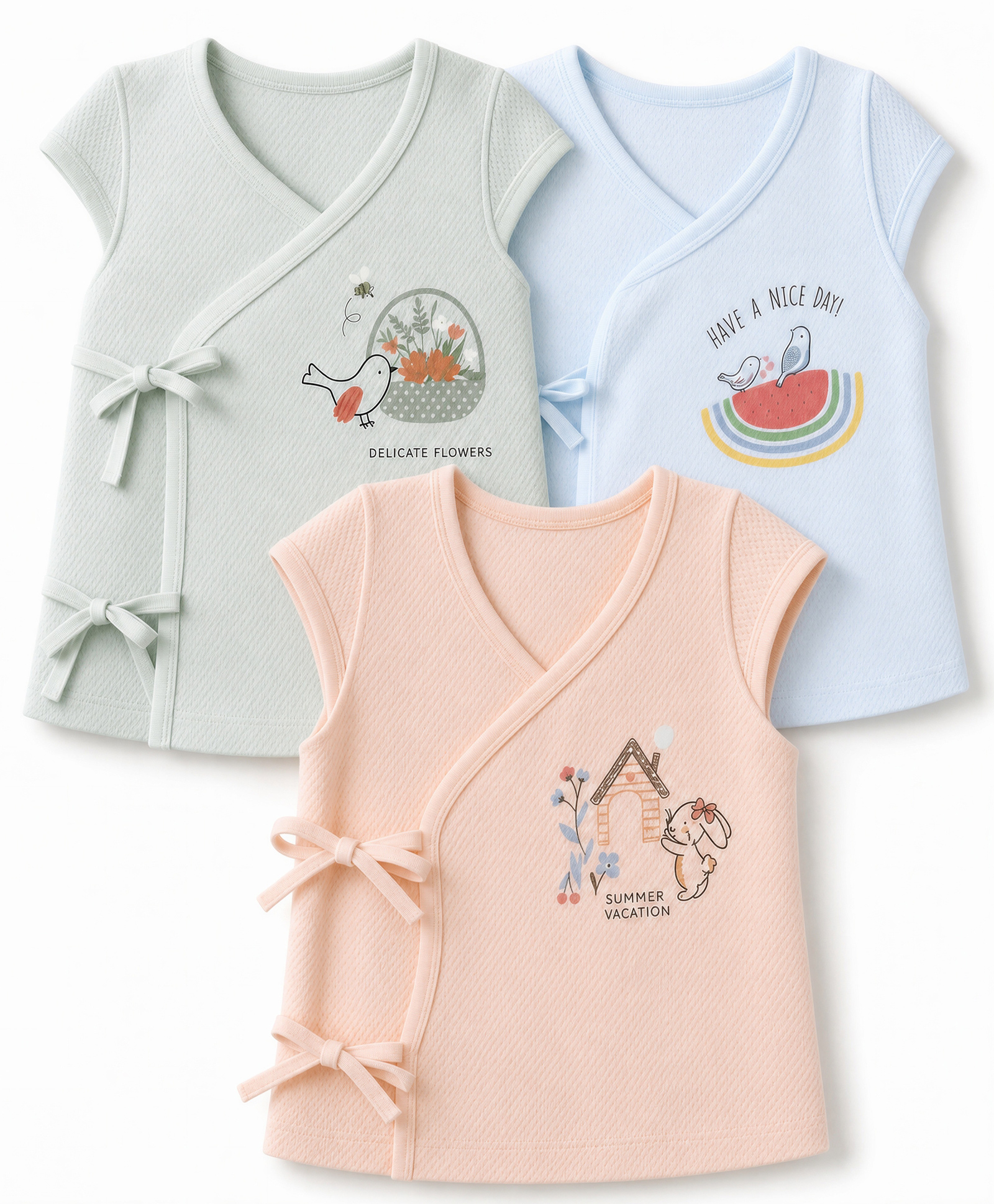 Zero Sinker Knit Half Sleeves Jhablas With Bird & Bunny Print Pack of 3 - Sky, Light Orange & Silver-image-22