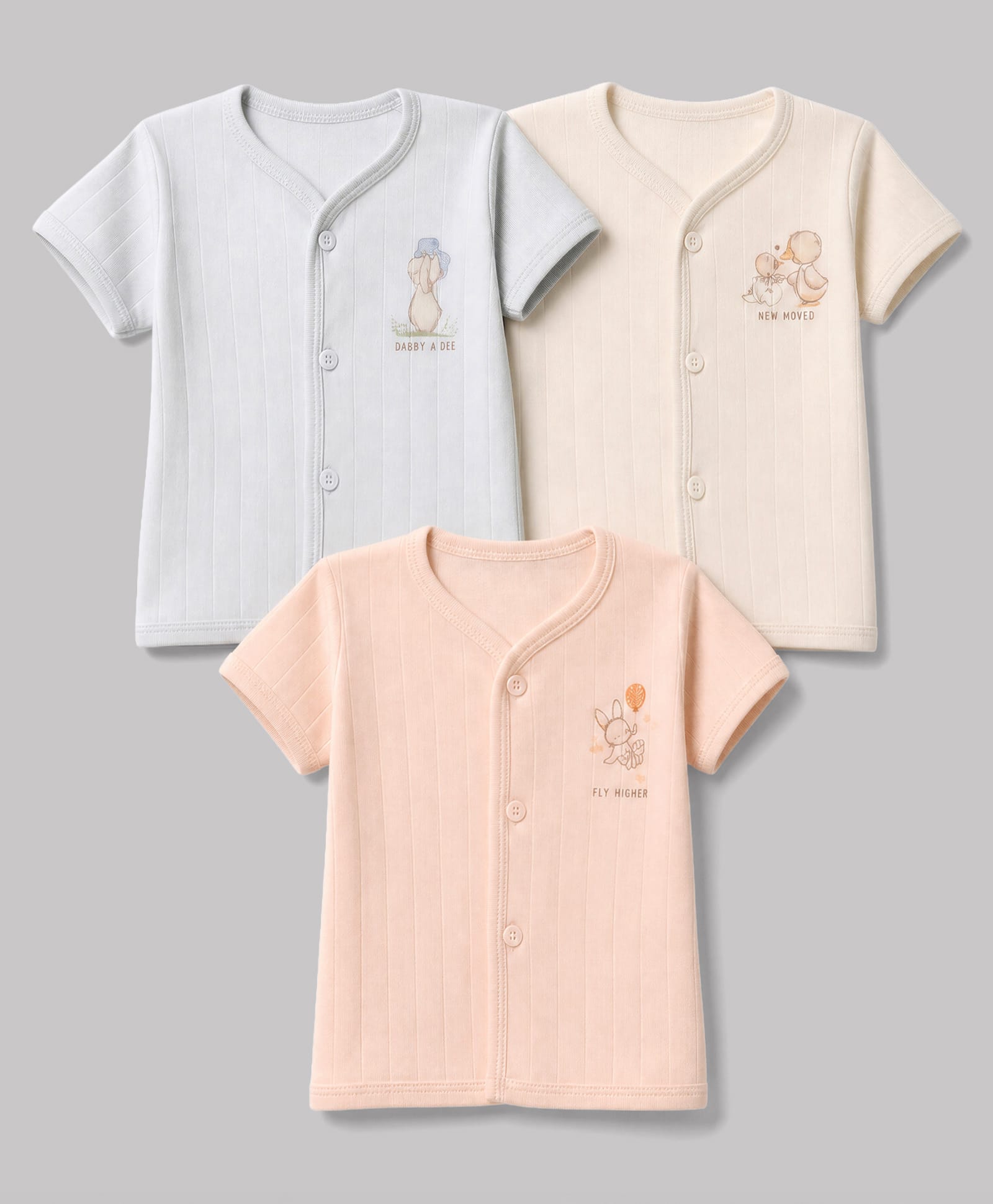 Zero Sinker Knit Half Sleeves Jhablas With Animal & Text Print Set of 3 - Light Orange & Blue-image-49