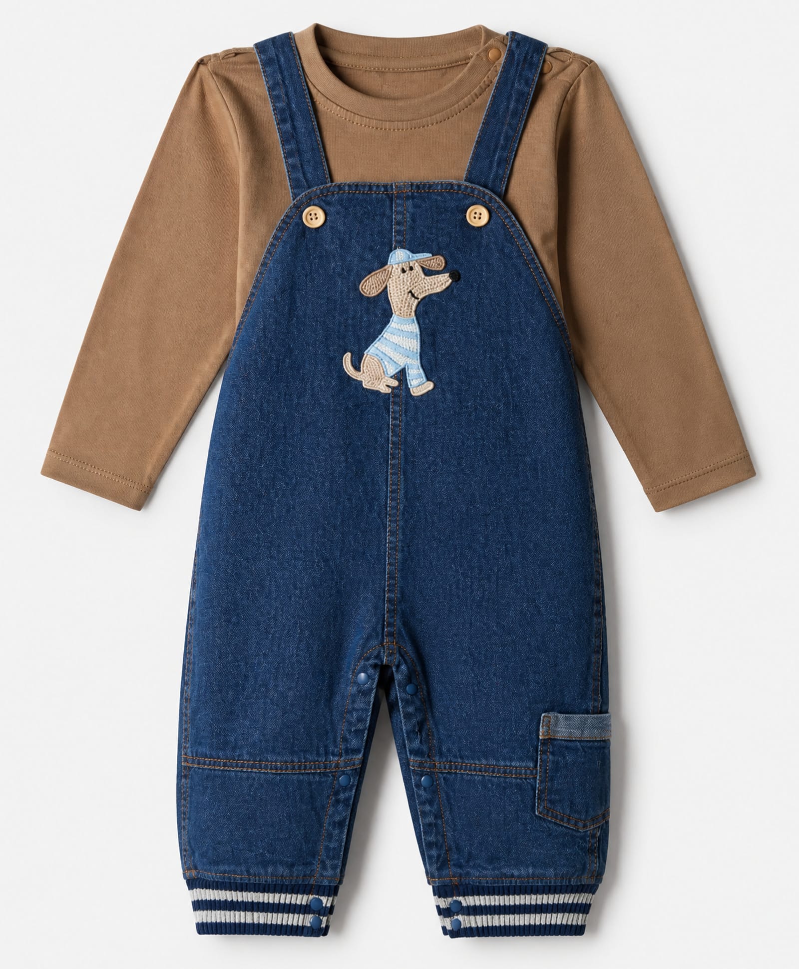 Little Kangaroos 100% Cotton Knit Woven Full Sleeves Dungaree With Dog Embroidered & Inner Tee - Navy Blue-picture-22