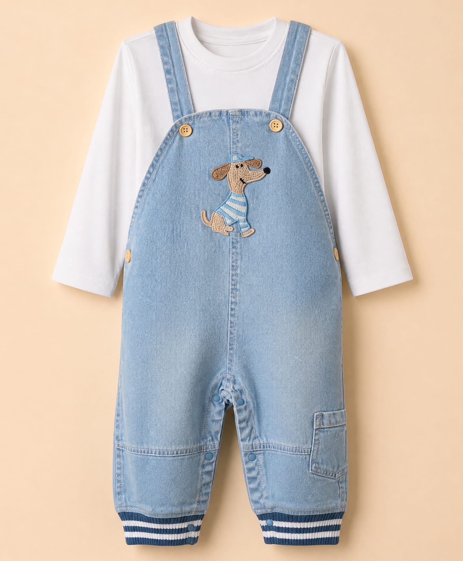 Little Kangaroos 100% Cotton Woven Full Sleeves Dungaree With Dog Embroidery & Inner Tee - Light Blue-picture-33