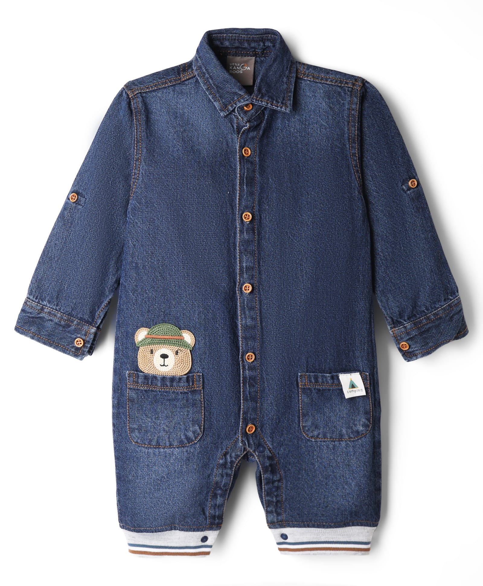 Little Kangaroos Denim Knit Rompers Full Sleeves With Teddy Patch - Navy Blue-image-43
