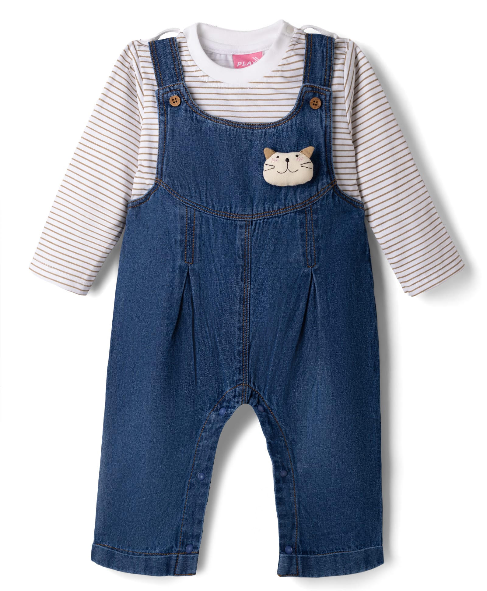Little Kangaroos Woven Dungarees with Striped & Cat Applique in Navy Blue-picture-6