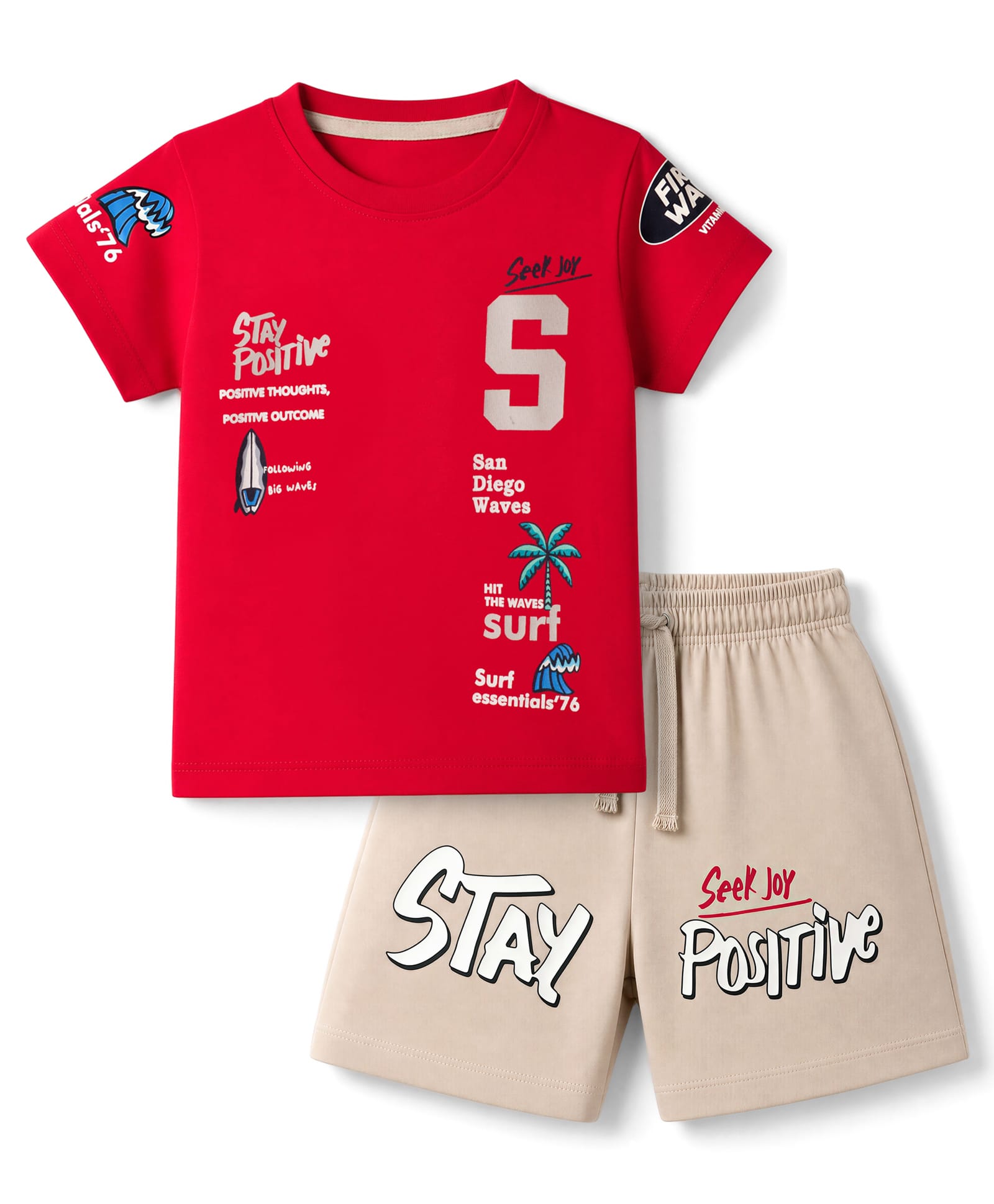 CUCUMBER Sinker Knit Half Sleeves Text & Beach Theme Printed T-Shirt & Shorts Set - Red-picture-33