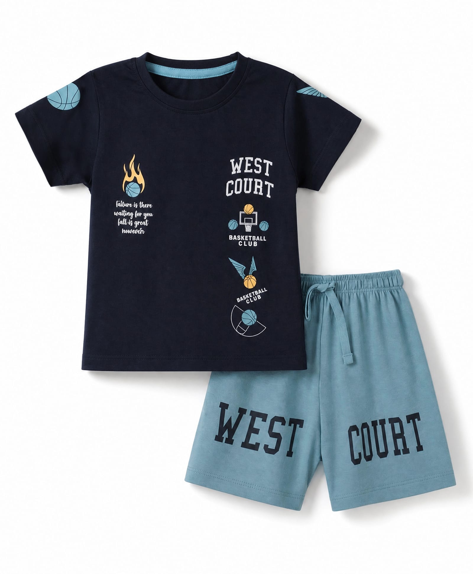 CUCUMBER Sinker Knit Half Sleeves T-Shirt & Shorts Set Basketball Print - Navy Blue-picture-21