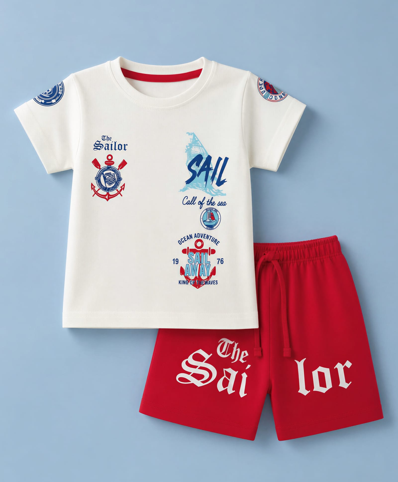 CUCUMBER Sinker Knit Half Sleeves T-Shirt & Shorts Set Nautical Print - White & Red-picture-37