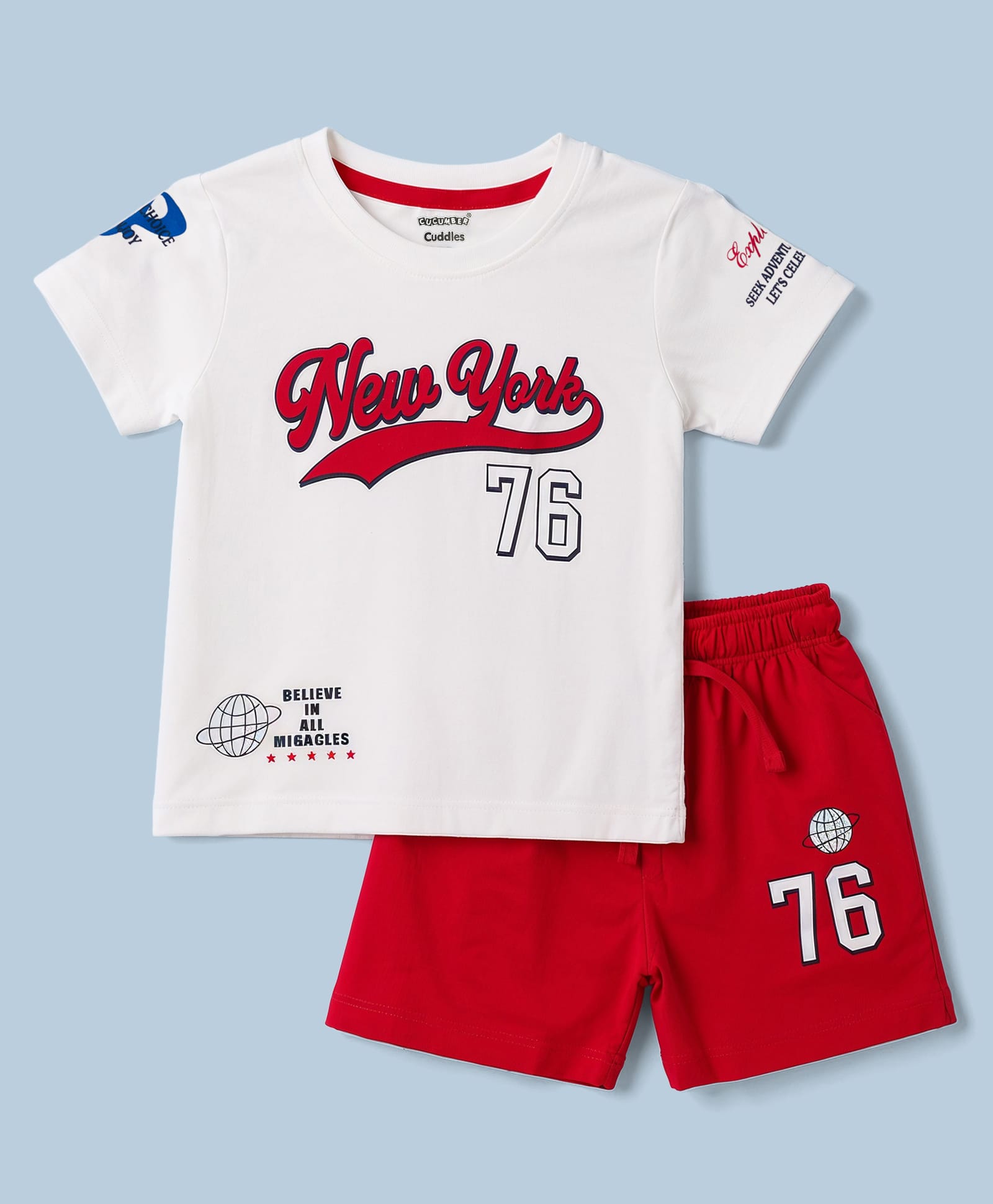 CUCUMBER Sinker Knit Half Sleeves Text Printed T-Shirt & Shorts Set - Red-picture-10