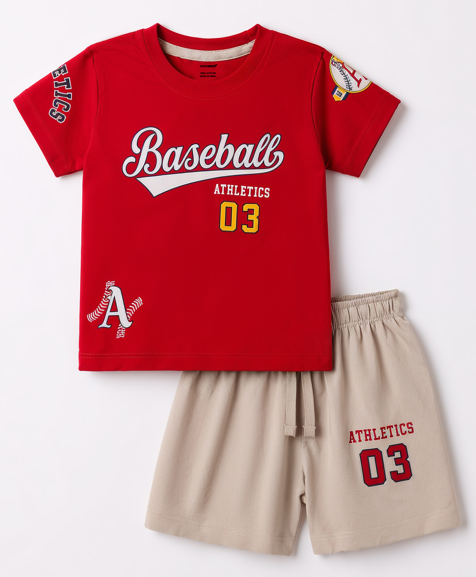 CUCUMBER Sinker Knit Half Sleeves Text Printed T-Shirt & Shorts Set -Red-picture-23
