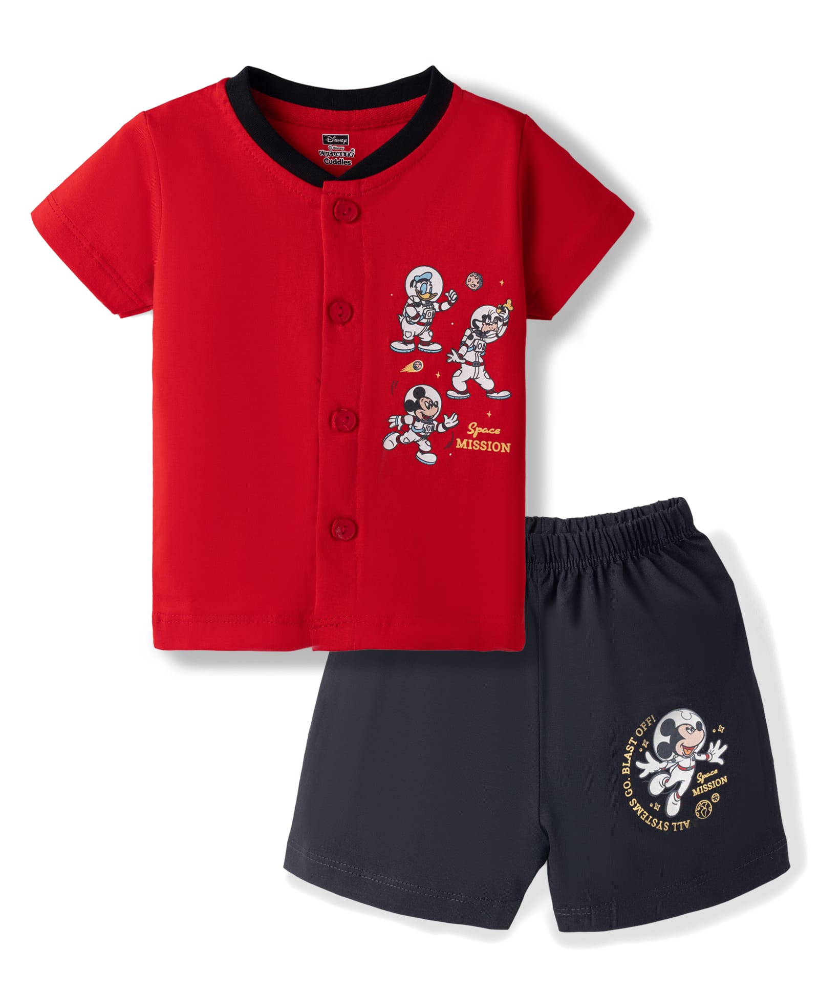 CUCUMBER Sinker Knit Half Sleeves T-Shirt & Shorts Night Suit with Mickey Mouse & Friends Print - Red-picture-10