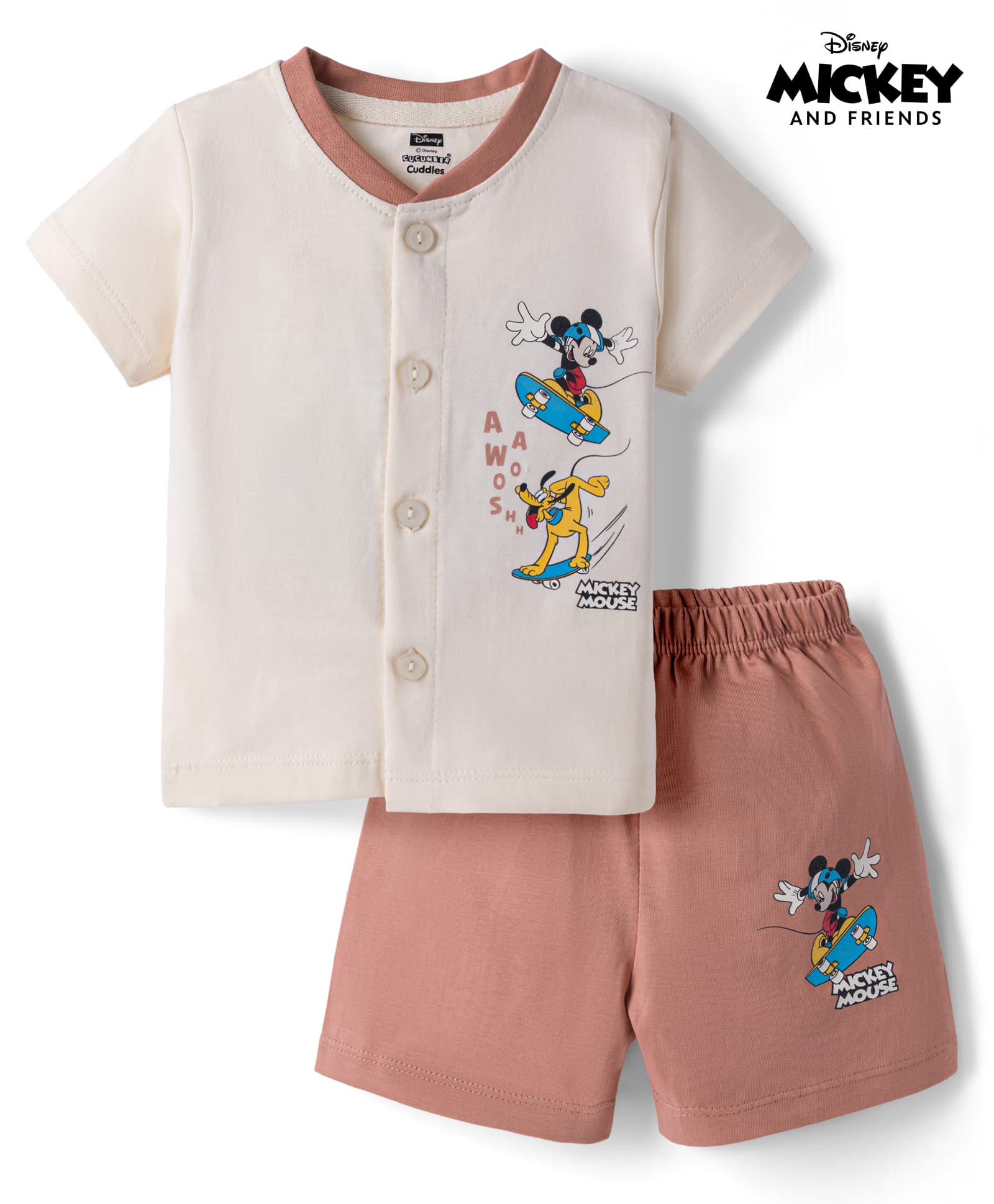 CUCUMBER Sinker Knit Half Sleeves T-Shirt & Shorts Night Suit with Mickey Mouse & Friends Print - Cream-image-43