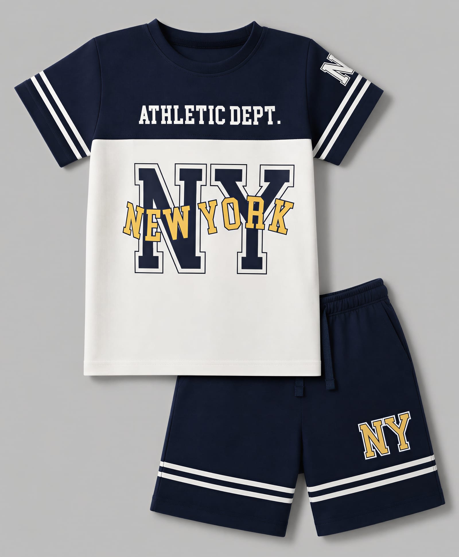 CUCUMBER Sinker Knit Half Sleeves Varsity Printed T-Shirt & Shorts Set - Navy-image-13