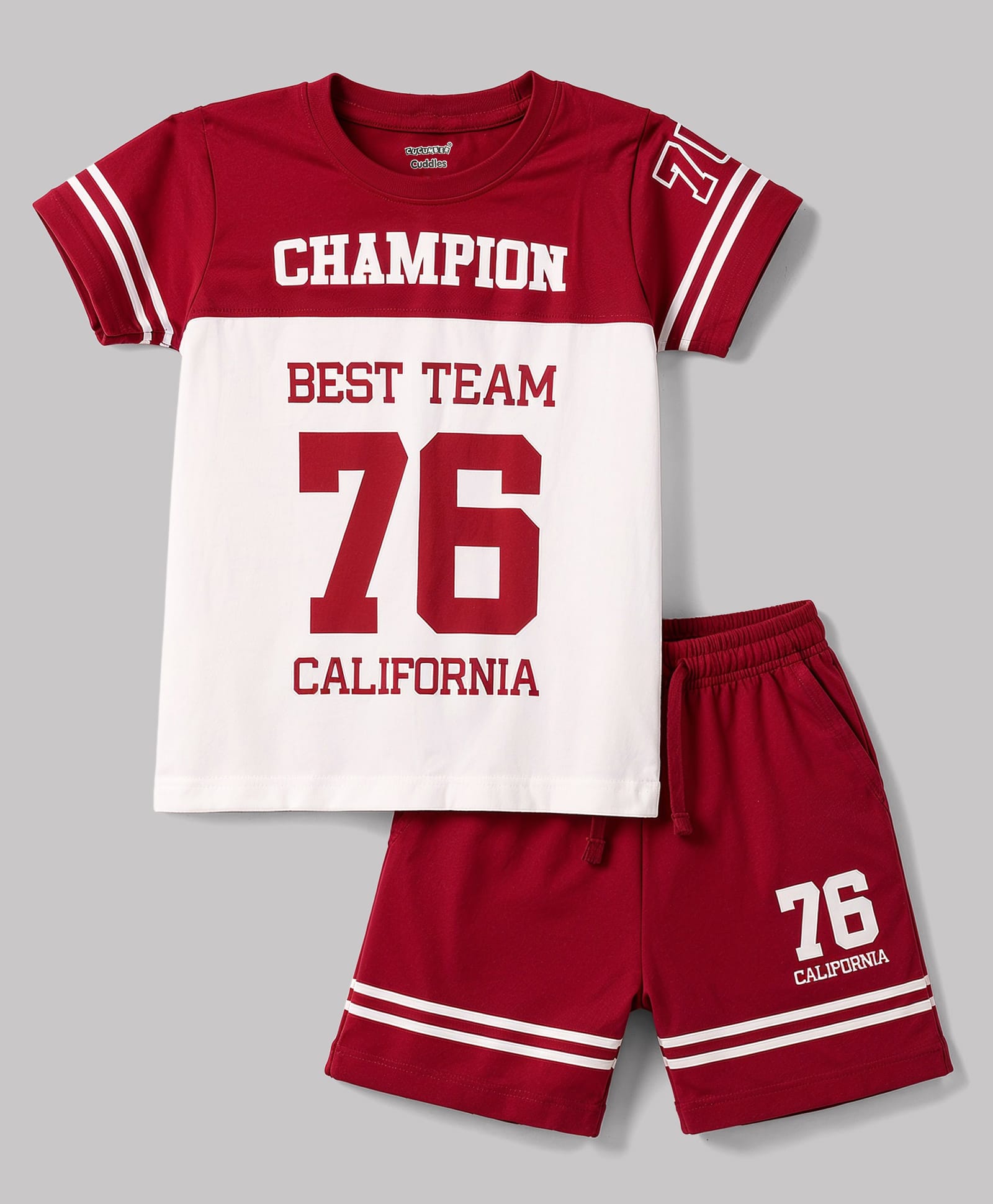 CUCUMBER Sinker Knit Half Sleeves Varsity Printed T-Shirt & Shorts Set -Dark Red-picture-25