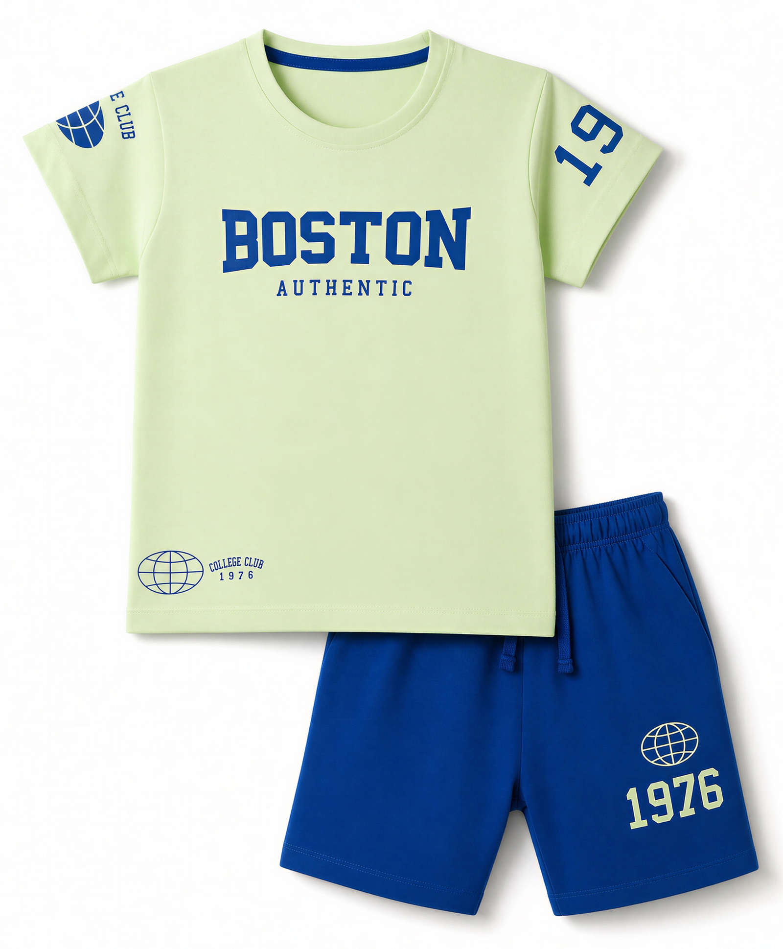 CUCUMBER Sinker Knit Half Sleeves T-Shirt & Shorts Set Boston Print - Green-picture-28