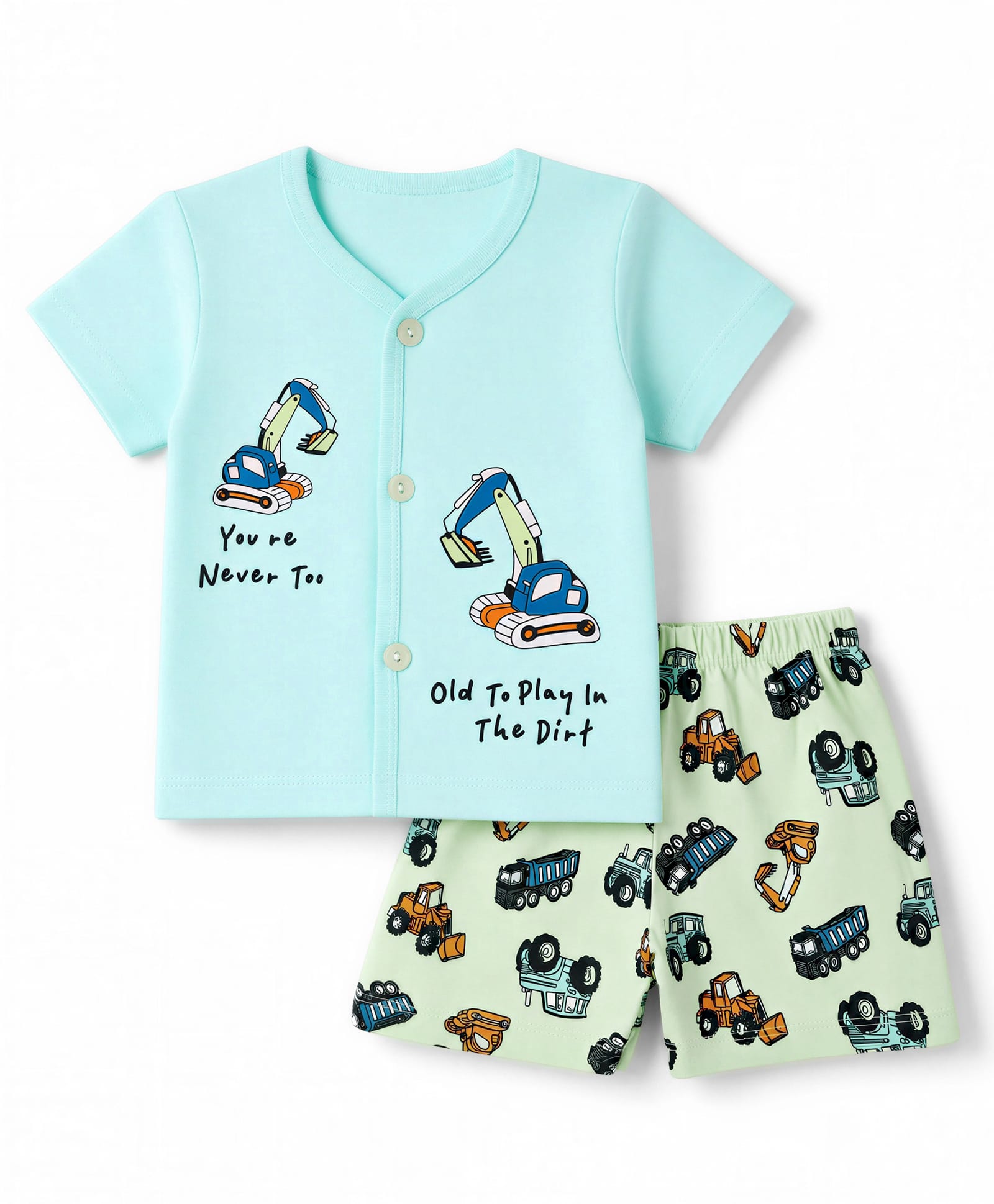CUCUMBER Sinker Knit Half Sleeves T-Shirt & Shorts Night Suit with JCB Print - Aqua-picture-42
