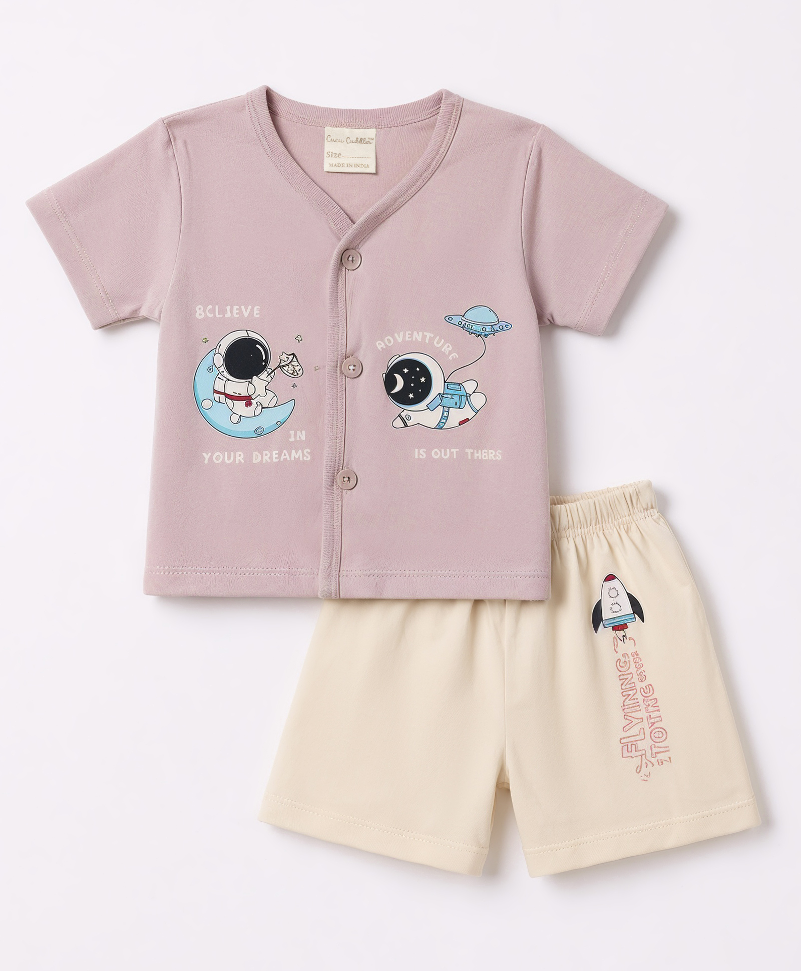 CUCUMBER Sinker Knit Half Sleeves T-Shirt & Shorts Night Suit with Space Theme Print - Baby Pink-picture-40