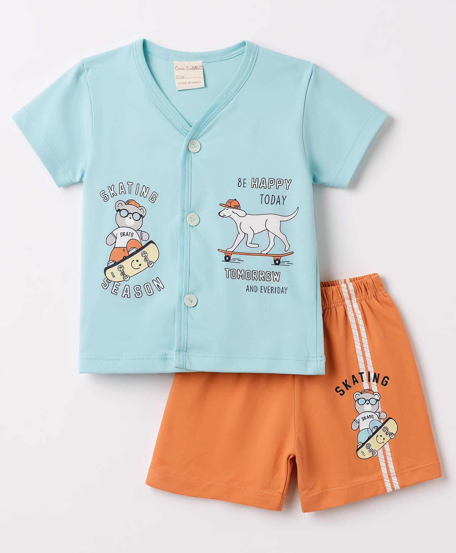 CUCUMBER Sinker Knit Half Sleeves T-Shirt & Shorts Night Suit with Bear& Puppy Print - Light Blue-picture-33