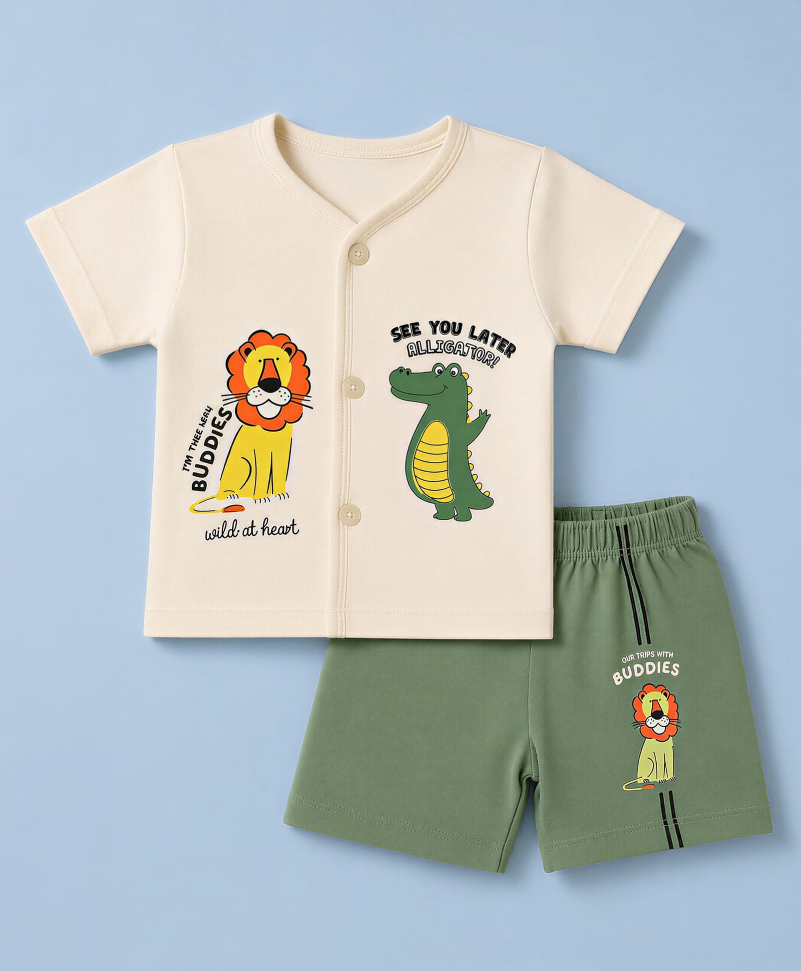 CUCUMBER Sinker Knit Half Sleeves T-Shirt & Shorts Night Suit with Lion & Crocodile Print -Cream-picture-43