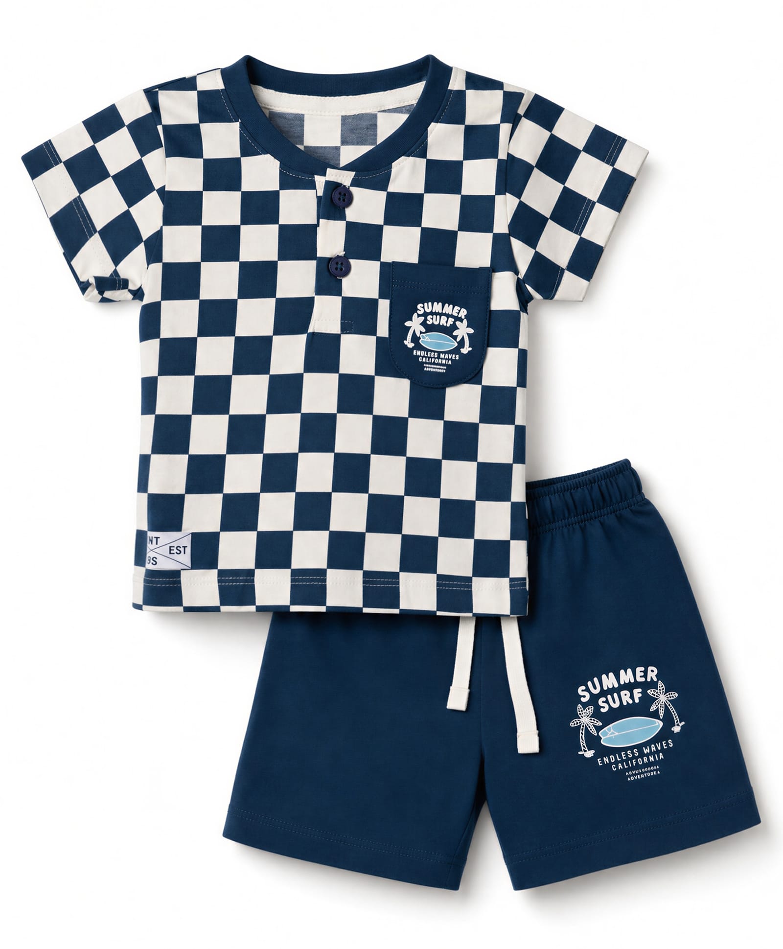 CUCUMBER Sinker Knit Half Sleeves Checkered Henley T-Shirt & Shorts Night Suit with Surfing Print- Navy-picture-41