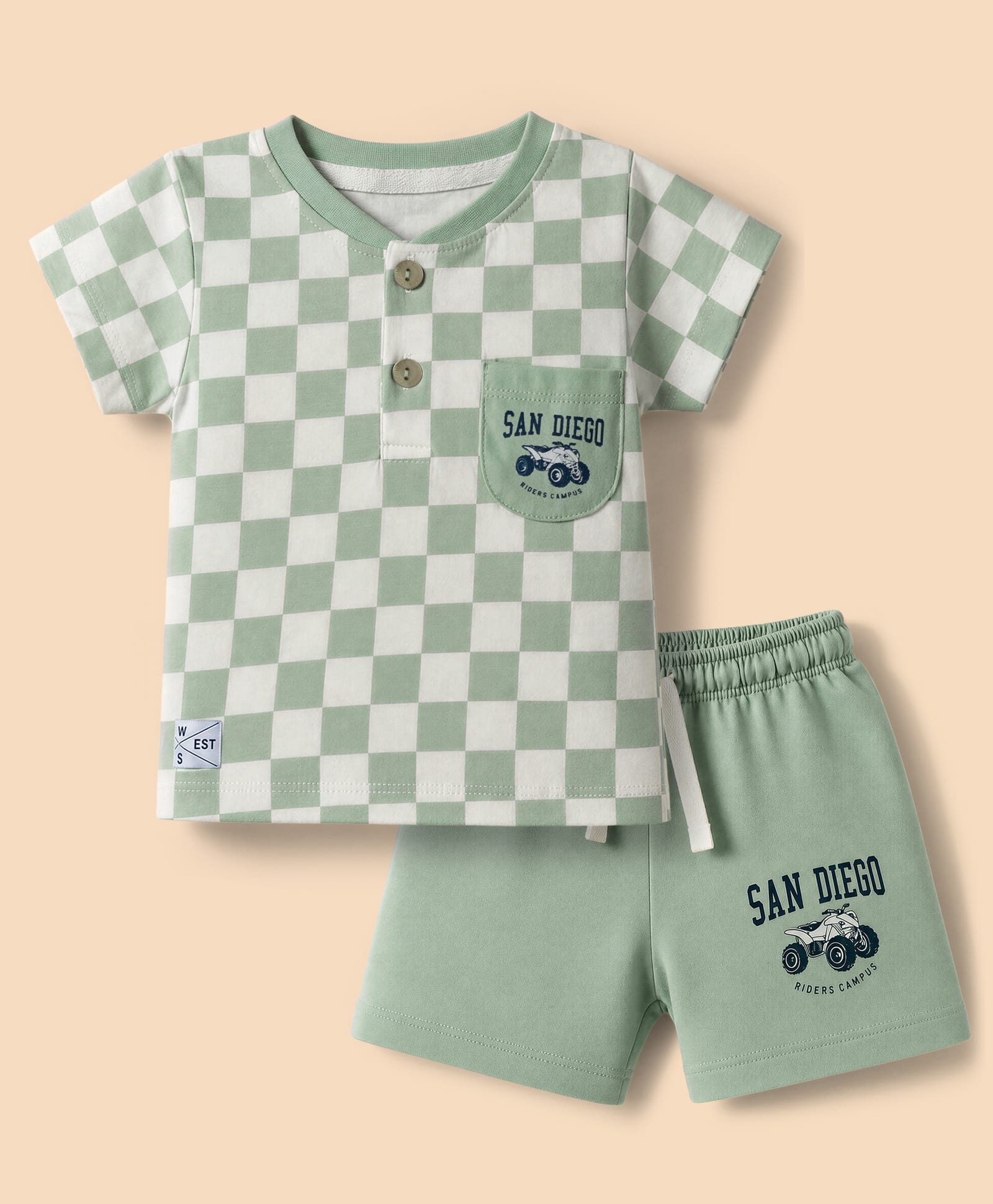 CUCUMBER Sinker Knit Half Sleeves Checkered Henley T-Shirt & Shorts Night Suit with Surfing Print- Olive-picture-14