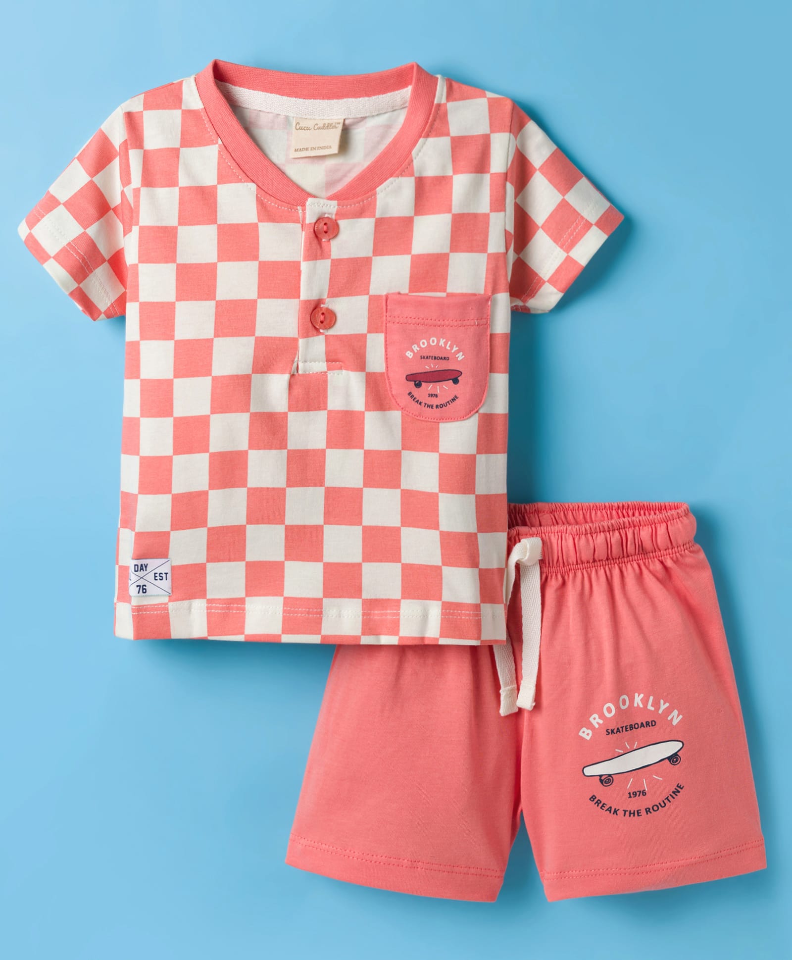 CUCUMBER Sinker Knit Half Sleeves Checkered Henley T-Shirt & Shorts Night Suit with Skating Print- Red-image-42