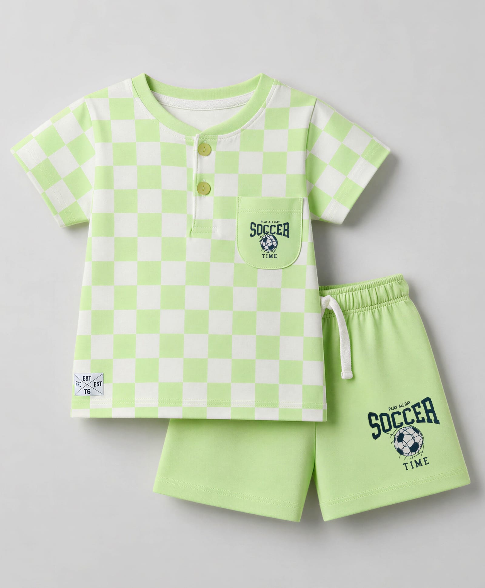 CUCUMBER Sinker Knit Half Sleeves Checkered Henley T-Shirt & Shorts Night Suit with Soccer Print- Light Green-image-30