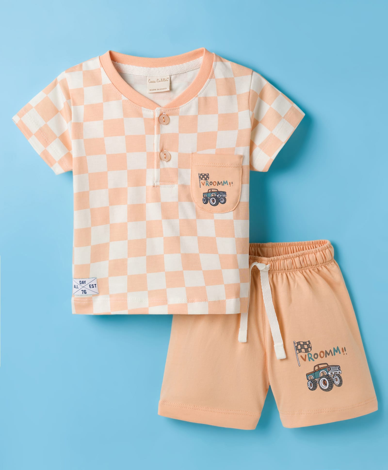CUCUMBER Unisex Half sleeves CUCUMBER Sinker Knit Half Sleeves Checkered Henley T-Shirt & Shorts Night Suit with Car Print- Peach-image-8