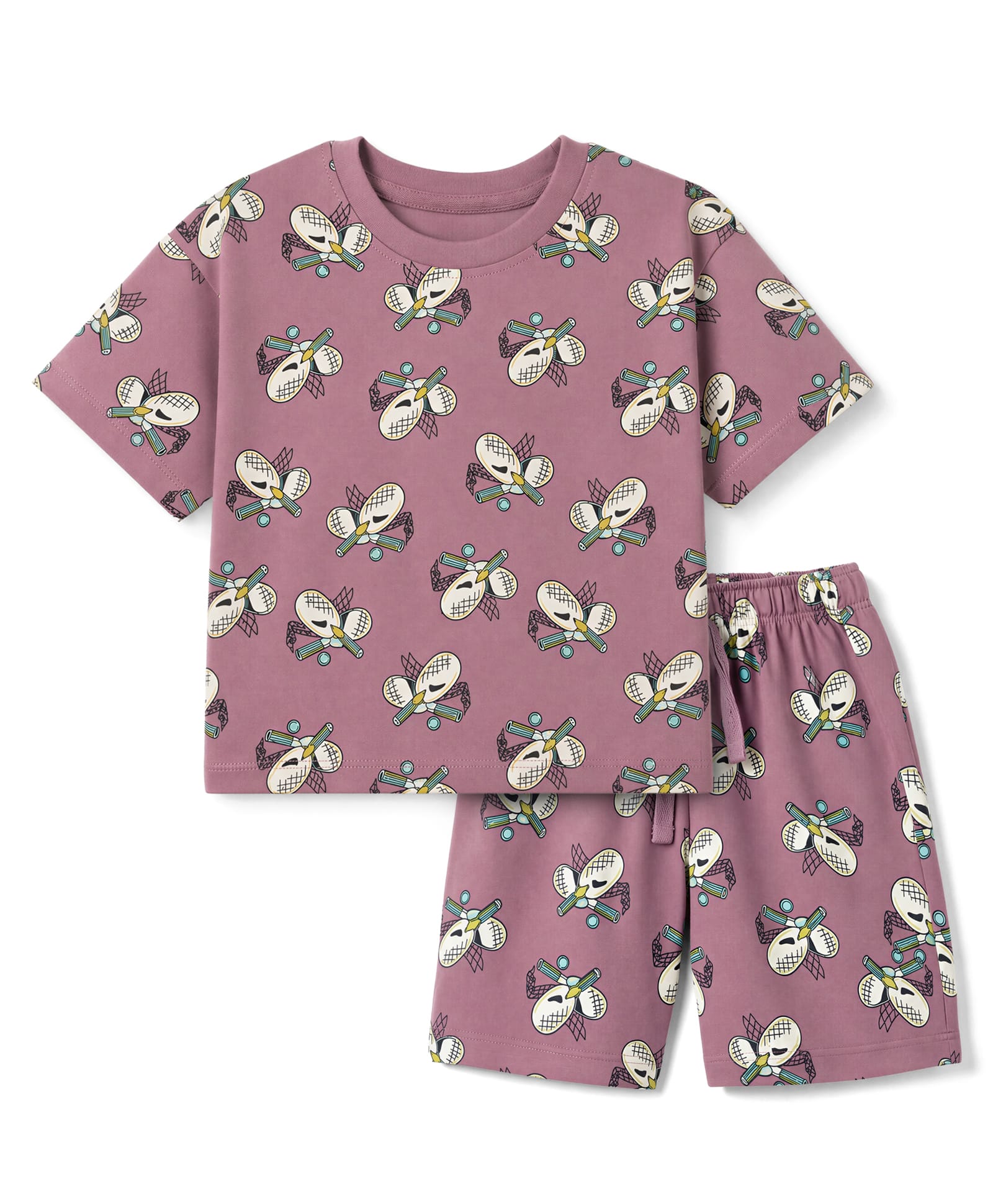 CUCUMBER Sinker Knit Half Sleeves Co-ords T-Shirt & Shorts Night Suit Table Tennis Print - Lilac-picture-49