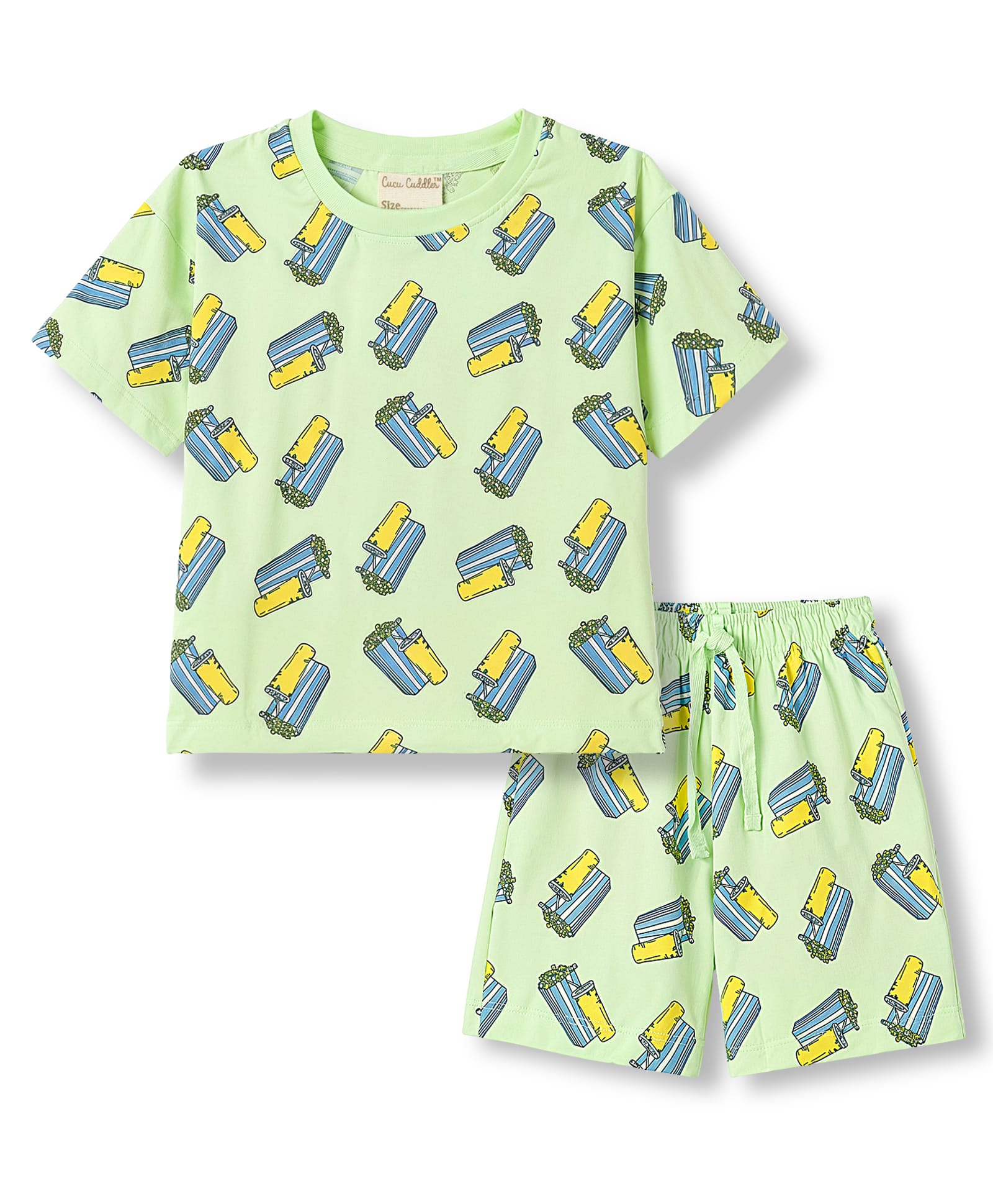 CUCUMBER Sinker Knit Half Sleeves T-Shirt & Shorts Night Suit with Popcorn Print -Light Green-picture-40