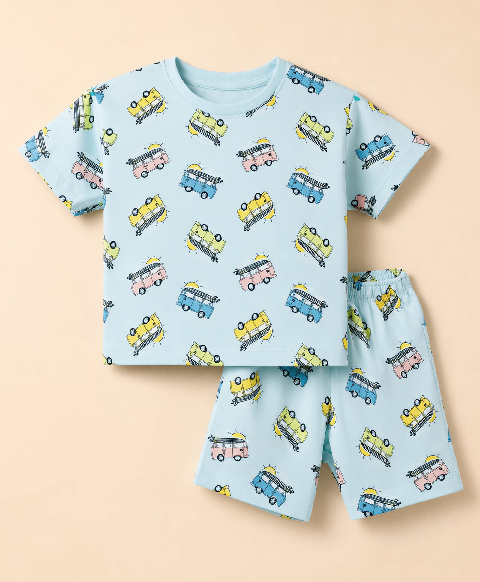 CUCUMBER Sinker Knit Half Sleeves Co-ords T-Shirt & Shorts Night Suit Car Print - Blue-picture-33