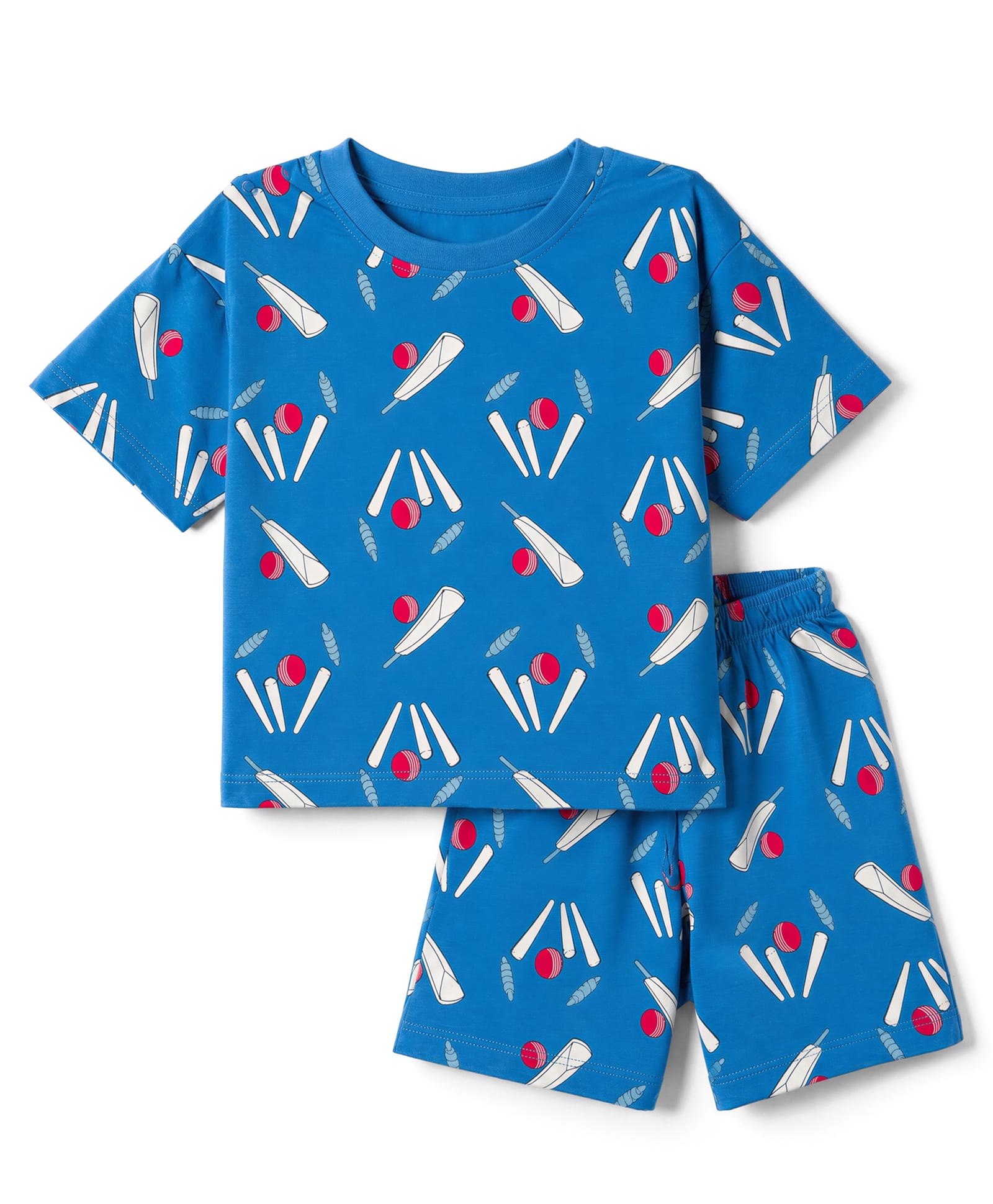 CUCUMBER Sinker Knit Half Sleeves Co-ords T-Shirt & Shorts Night Suit Cricket Bat Print - Blue-image-31