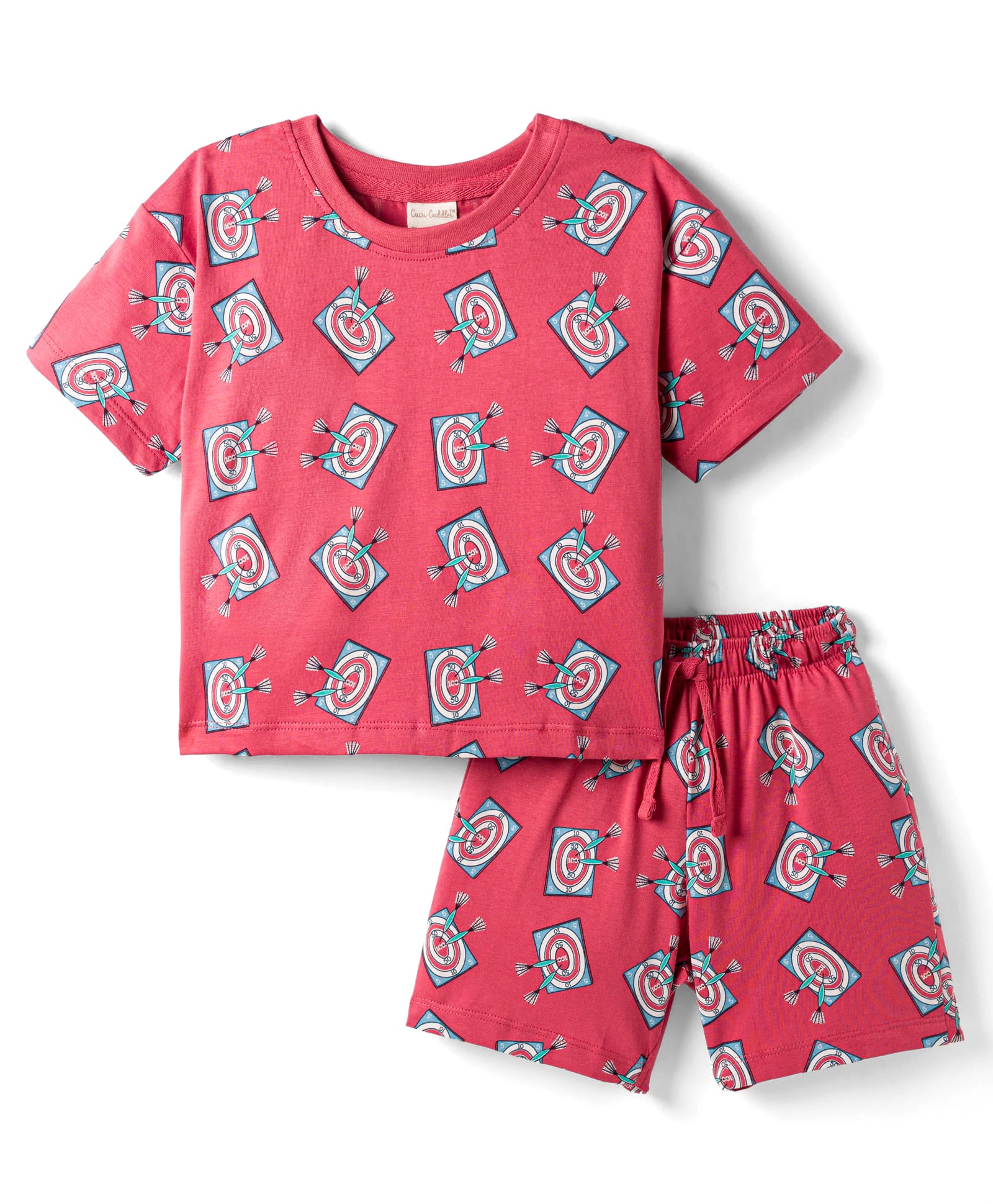 CUCUMBER Sinker Knit Half Sleeves Co-ords T-Shirt & Shorts Night Suit Archery Print - Red-picture-38
