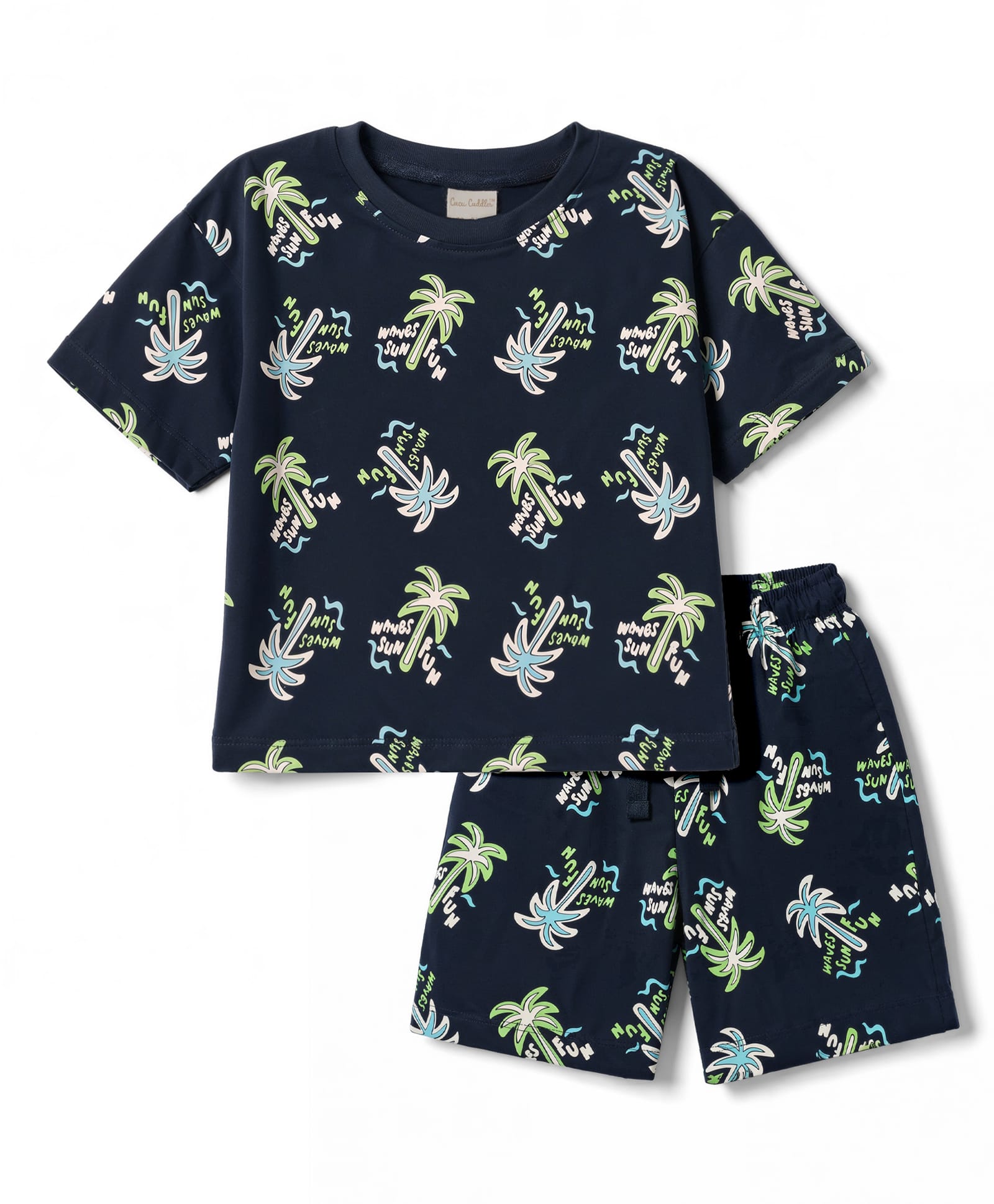 CUCUMBER Sinker Knit Half Sleeves Co-ords T-Shirt & Shorts Night Suit Tropical Theme Print - Charcoal Grey-image-10