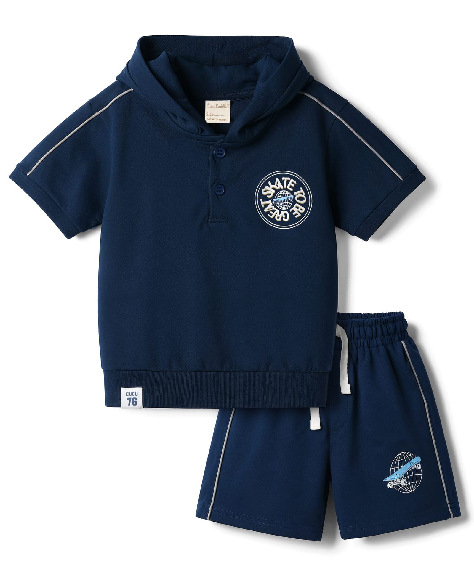 CUCUMBER Sinker Knit Half Sleeves Hooded T-Shirt & Shorts Set with Text Print - Navy-image-19