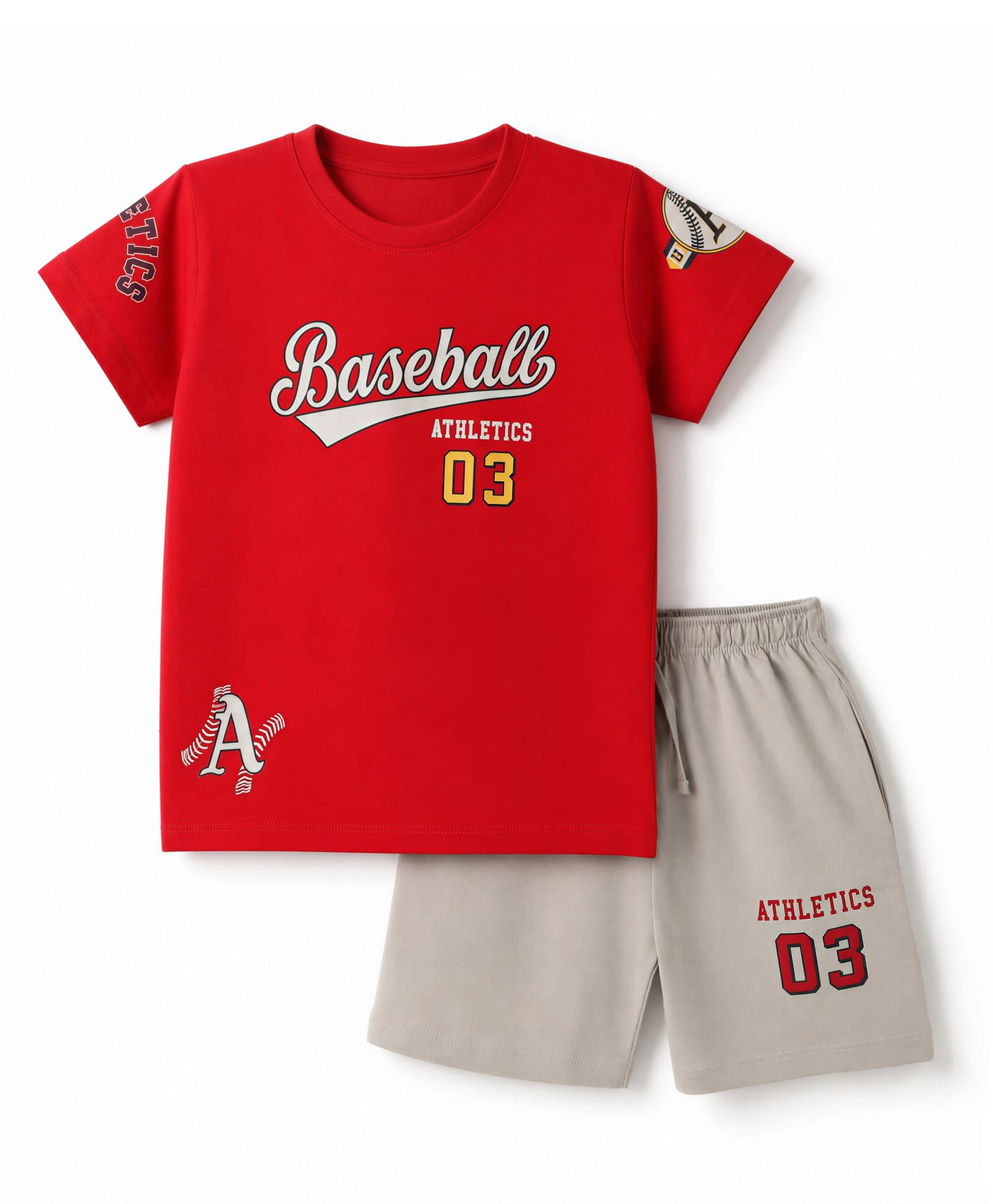 CUCUMBER Sinker Knit Half Sleeves T-Shirt & Shorts Set Baseball Print - Red-picture-44