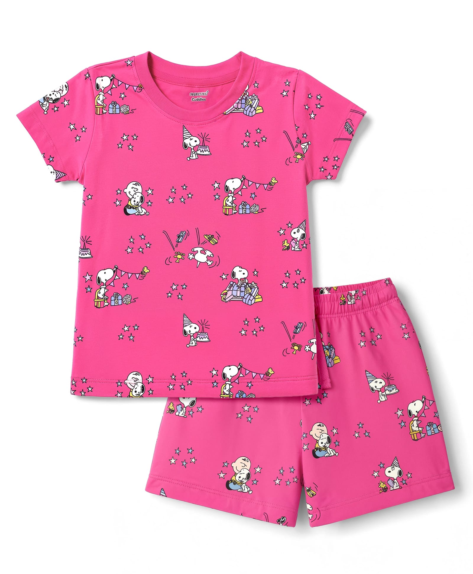 CUCUMBER Sinker Knit Half Sleeves Co-ords T-Shirt & Shorts Night Suit Snoopy Print - Fuchsia-picture-5