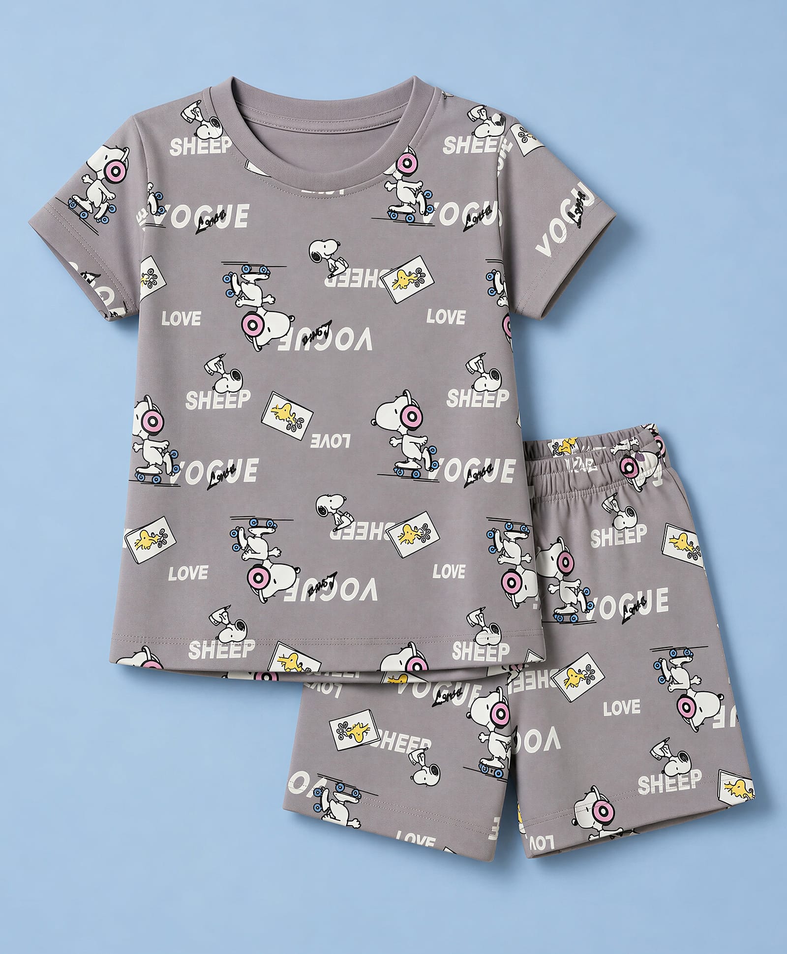 CUCUMBER Sinker Knit Half Sleeves Co-ords T-Shirt & Shorts Night Suit Snoopy Print - Grey-picture-33