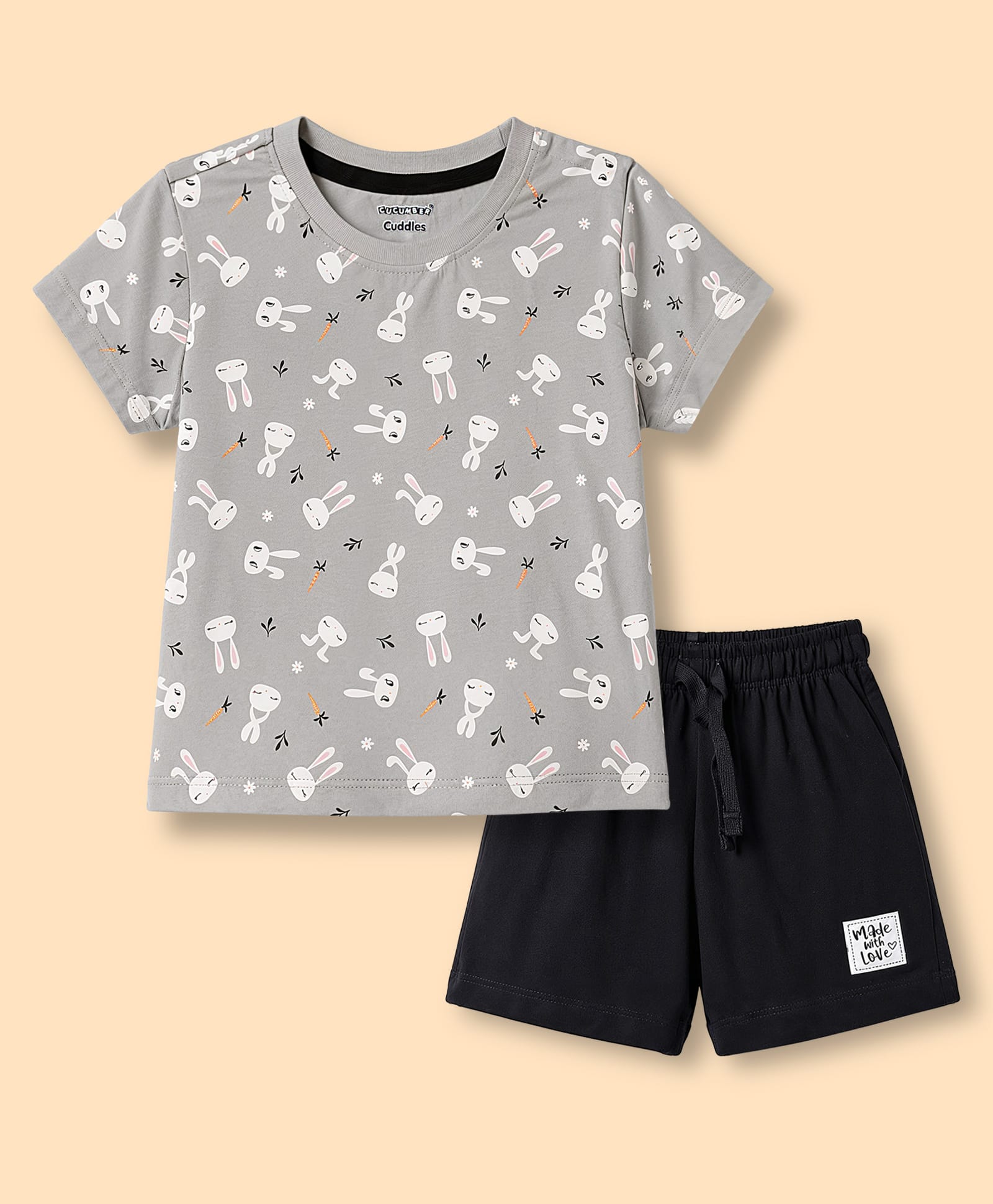 CUCUMBER Sinker Knit Half Sleeves Bunny Printed T-Shirt & Shorts Set - Grey-picture-10