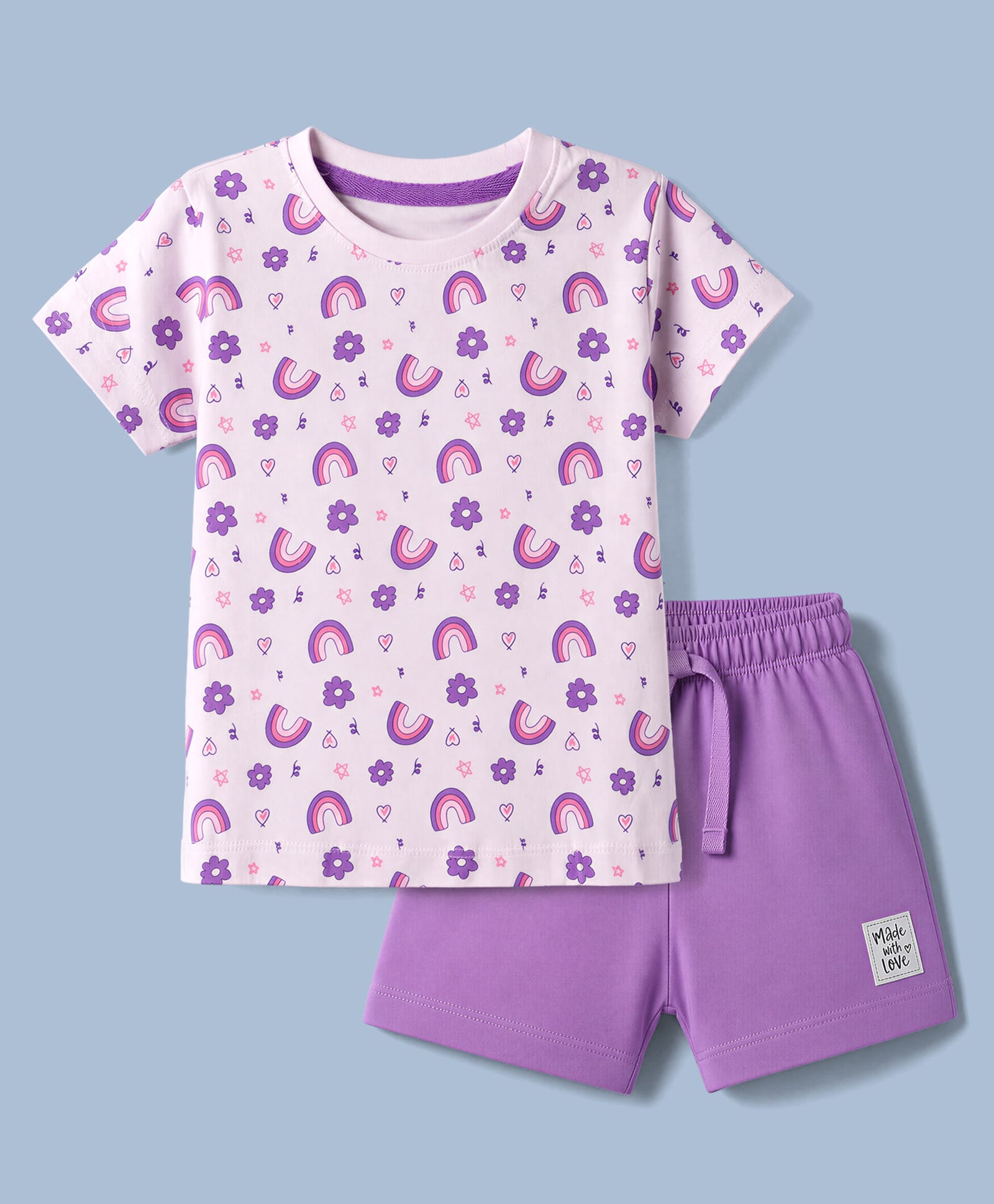 CUCUMBER Sinker Knit Half Sleeves T-Shirt & Shorts Set Star & Floral Print - Purple-picture-18